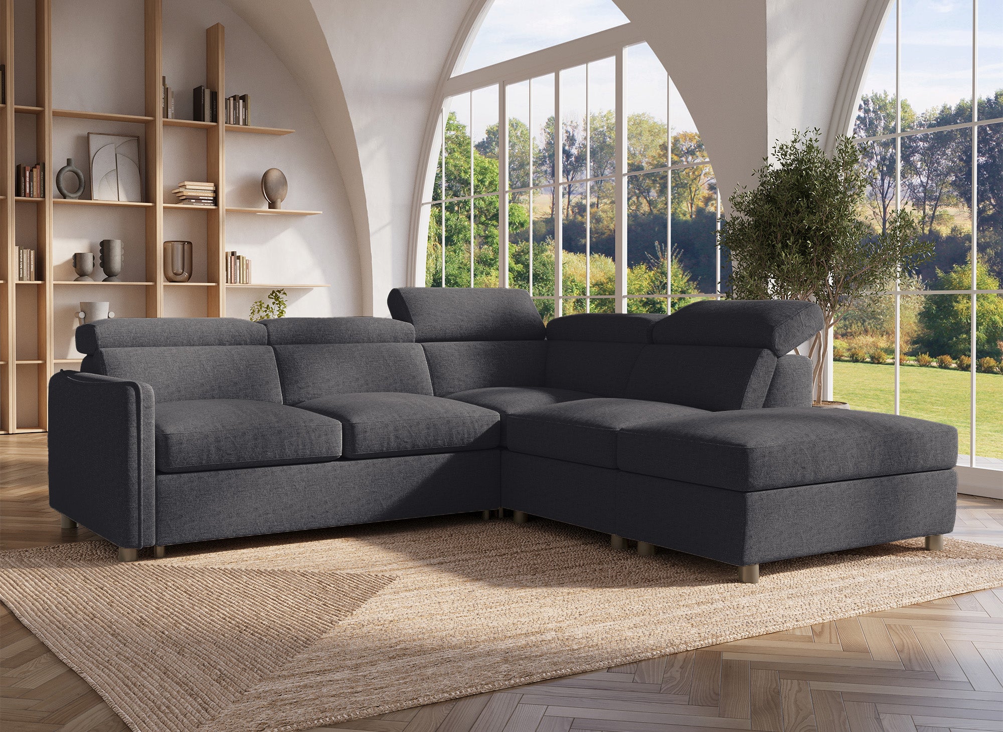 NAIROBI Ecksofa aus grauem Stoff – rechtwinklig