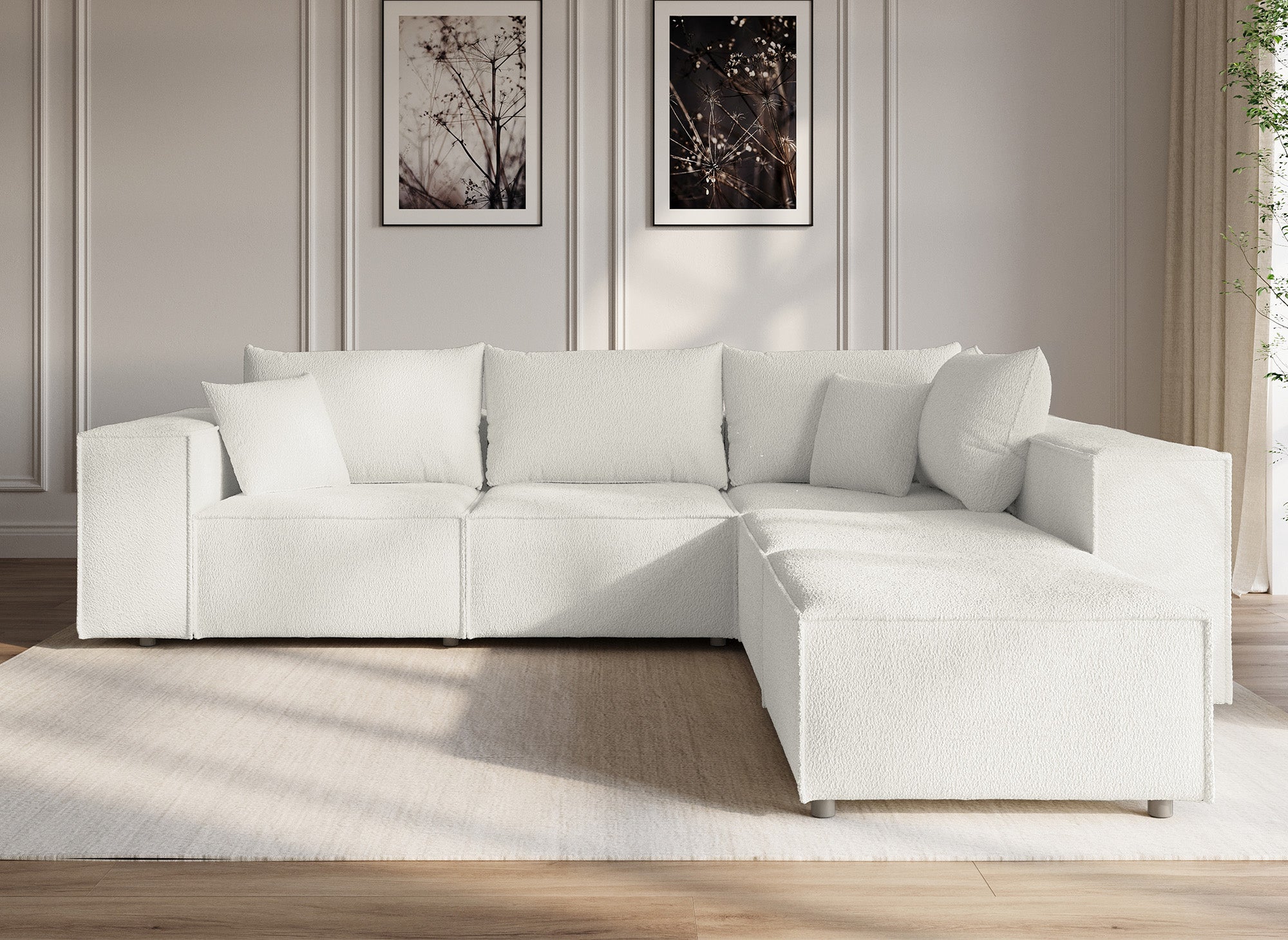 HARLEM XL Modulares Ecksofa mit festem Sitz und 1 Hocker in cremeweißem Stoff mit Schaffelloptik