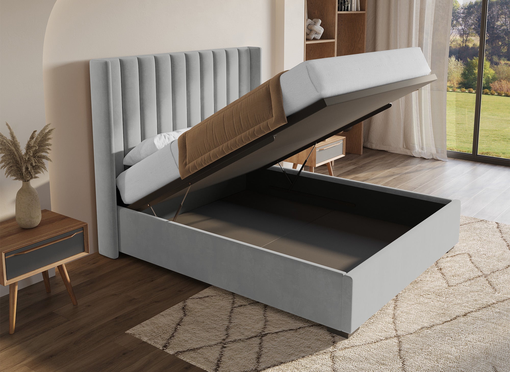 ALENA Bett mit Stauraum aus grauem Samt 160x200 cm