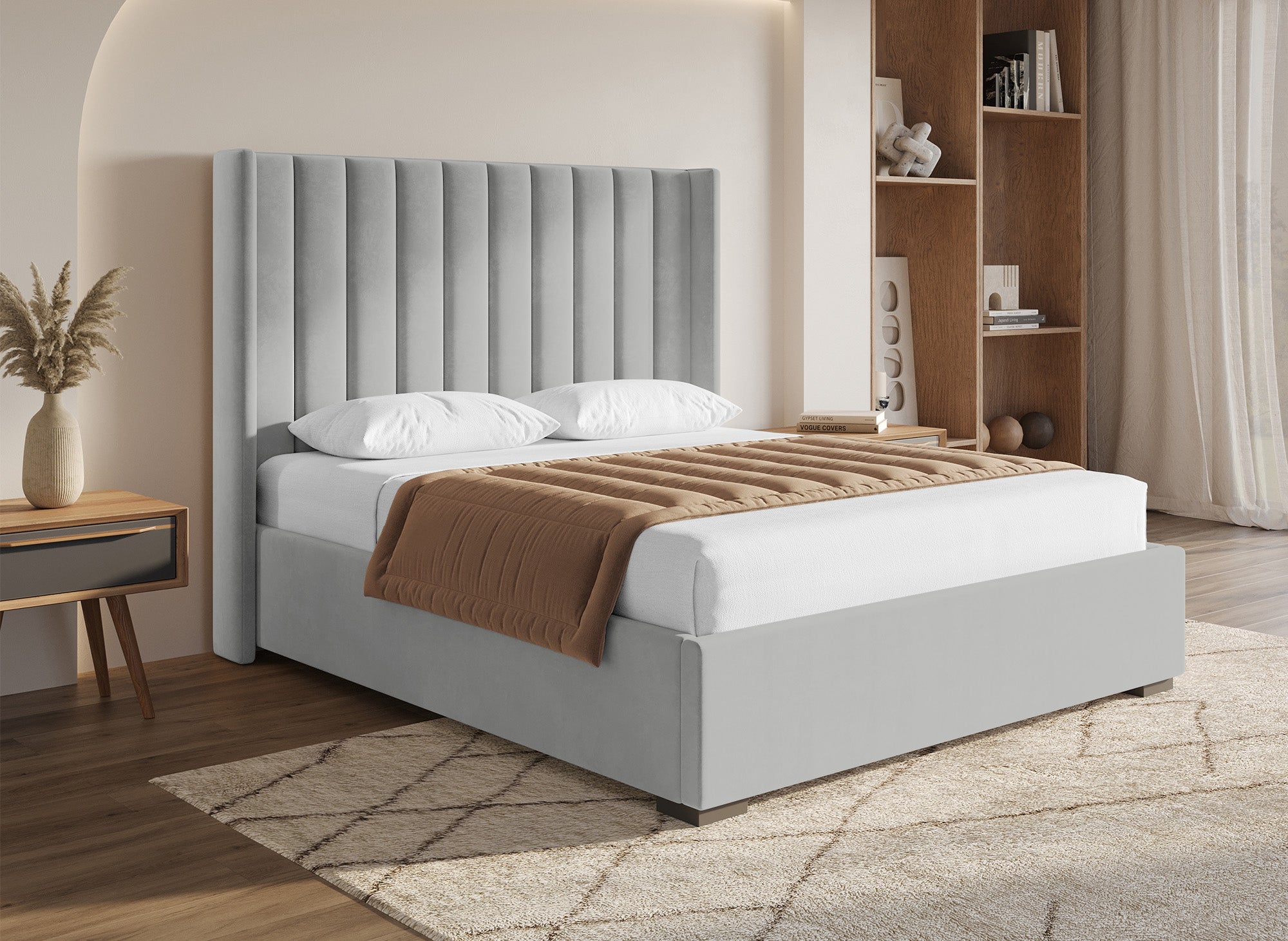 ALENA Bett mit Stauraum aus grauem Samt 160x200 cm