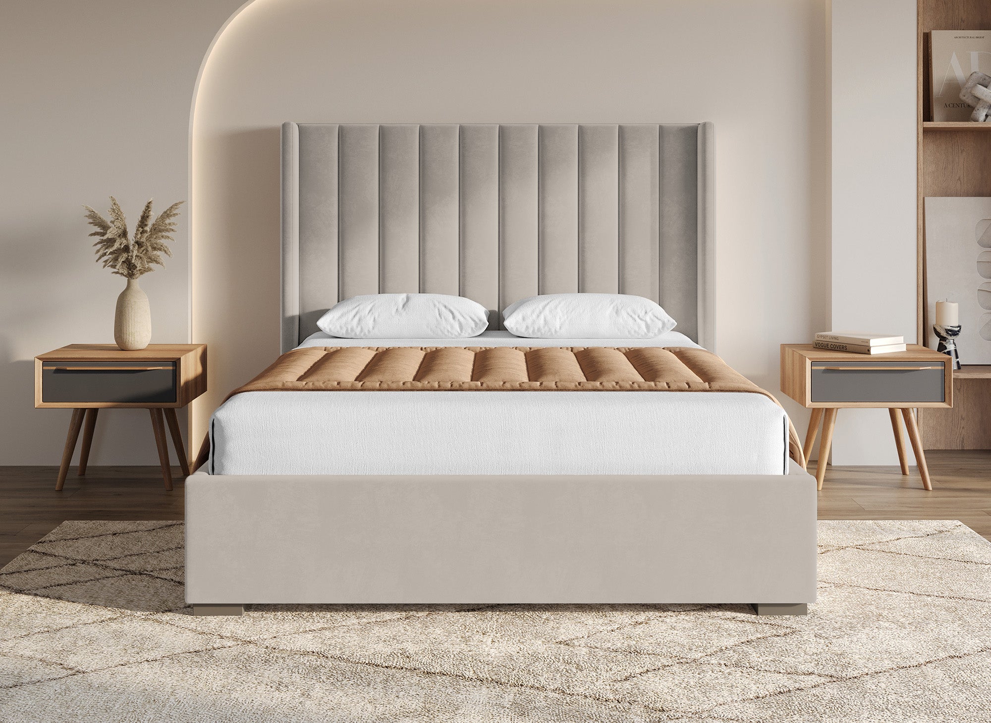ALENA Bett mit Stauraum aus taupefarbenem Samt 160x200 cm