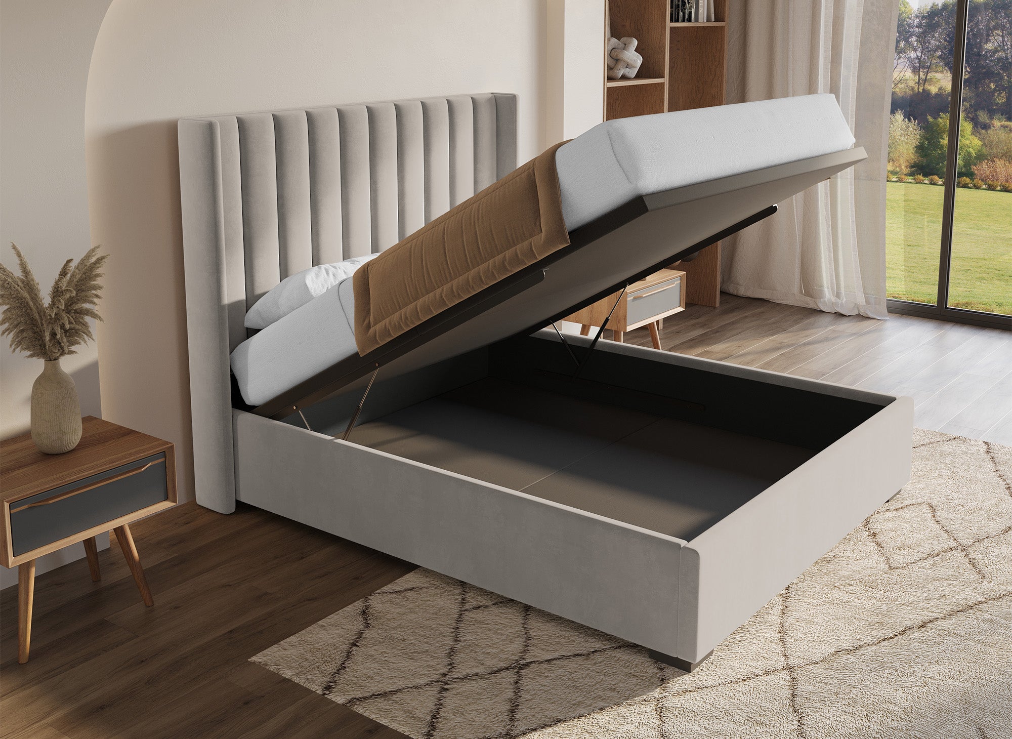 ALENA Bett mit Stauraum aus taupefarbenem Samt 160x200 cm