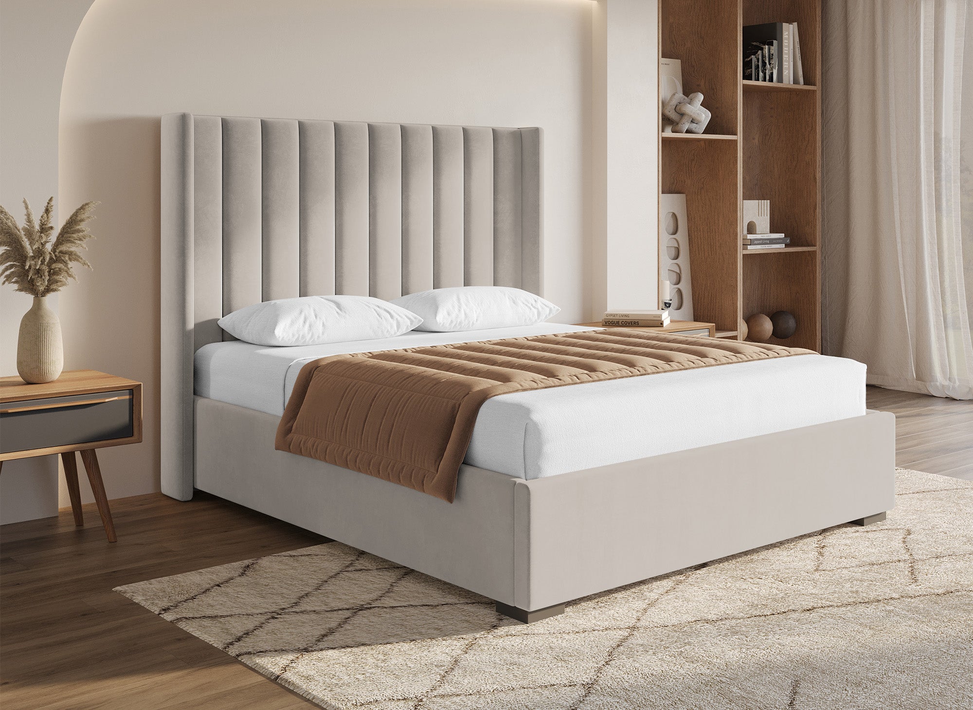 ALENA Bett mit Stauraum aus taupefarbenem Samt 160x200 cm