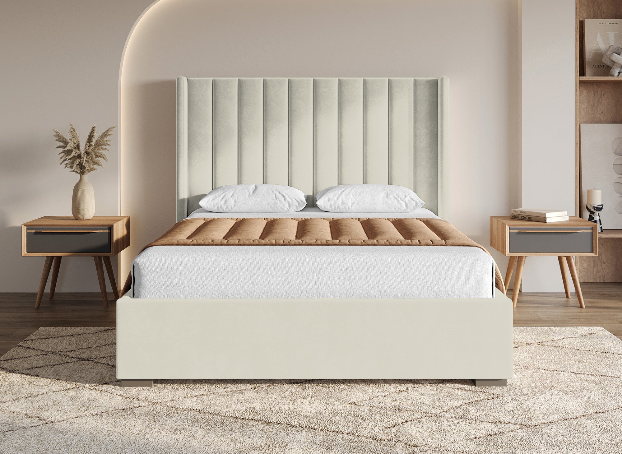 ALENA Bett mit Stauraum aus beigefarbenem Samt 160x200 cm