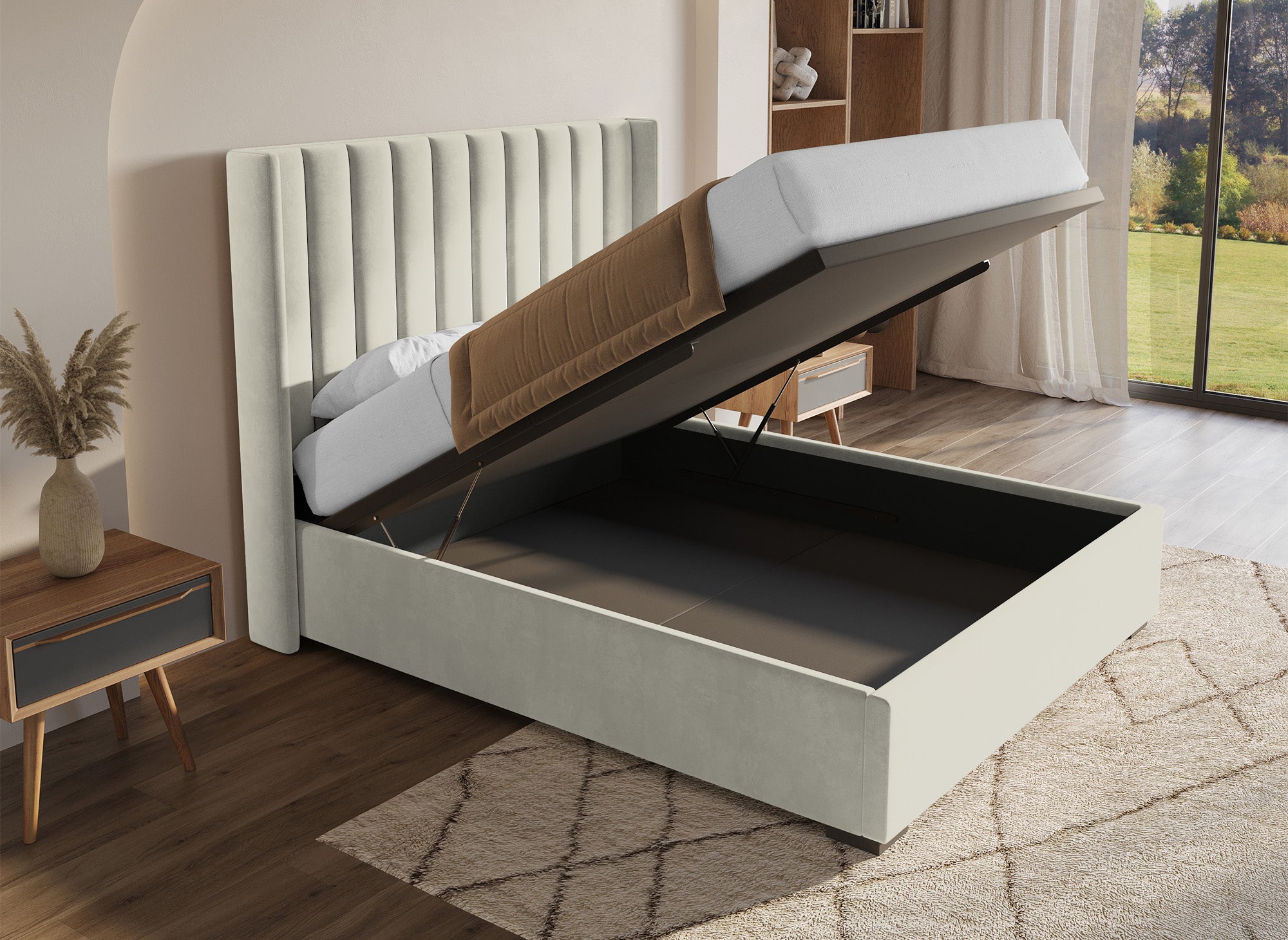 ALENA Bett mit Stauraum aus beigefarbenem Samt 160x200 cm