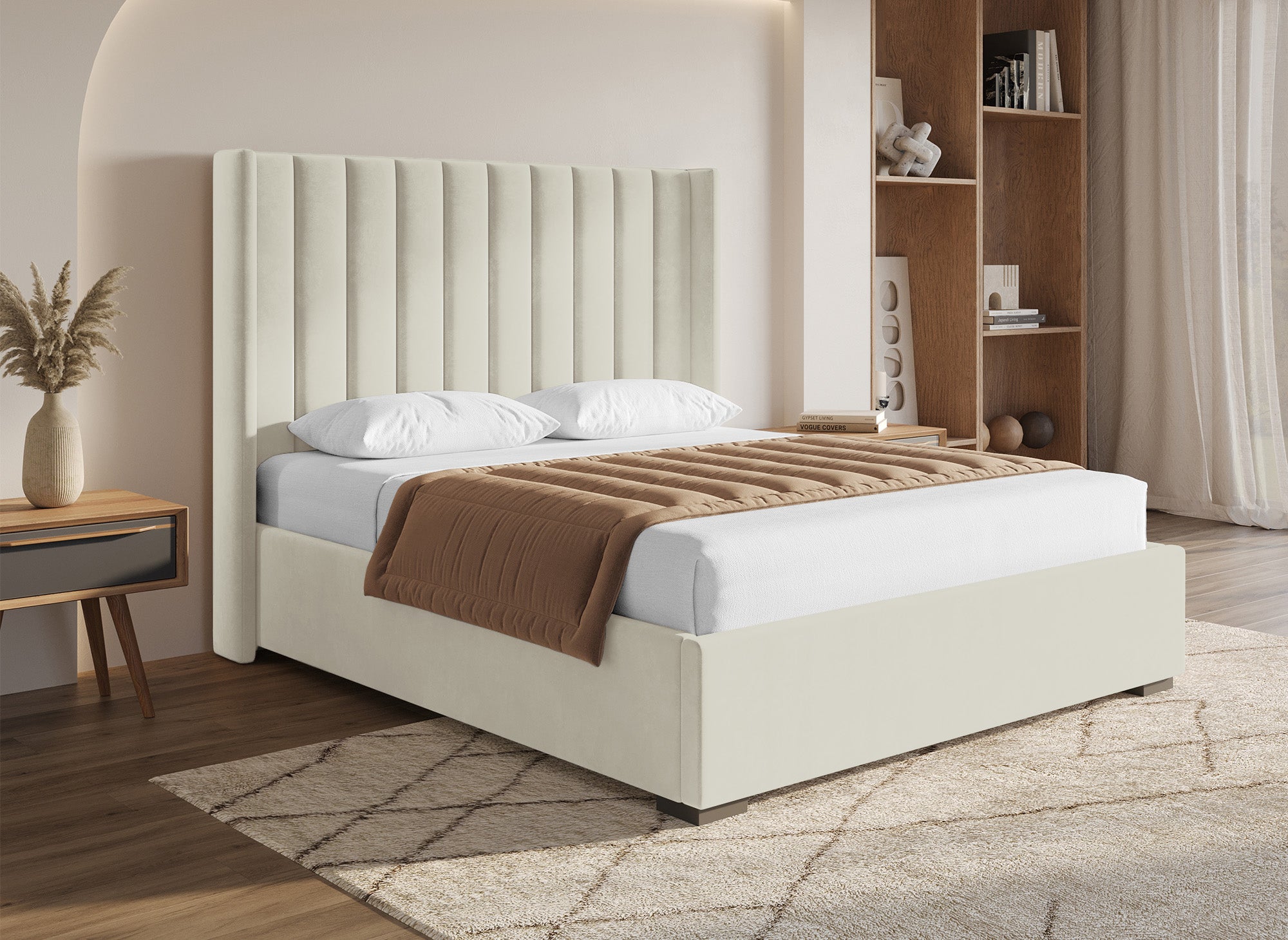 ALENA Bett mit Stauraum aus beigefarbenem Samt 160x200 cm