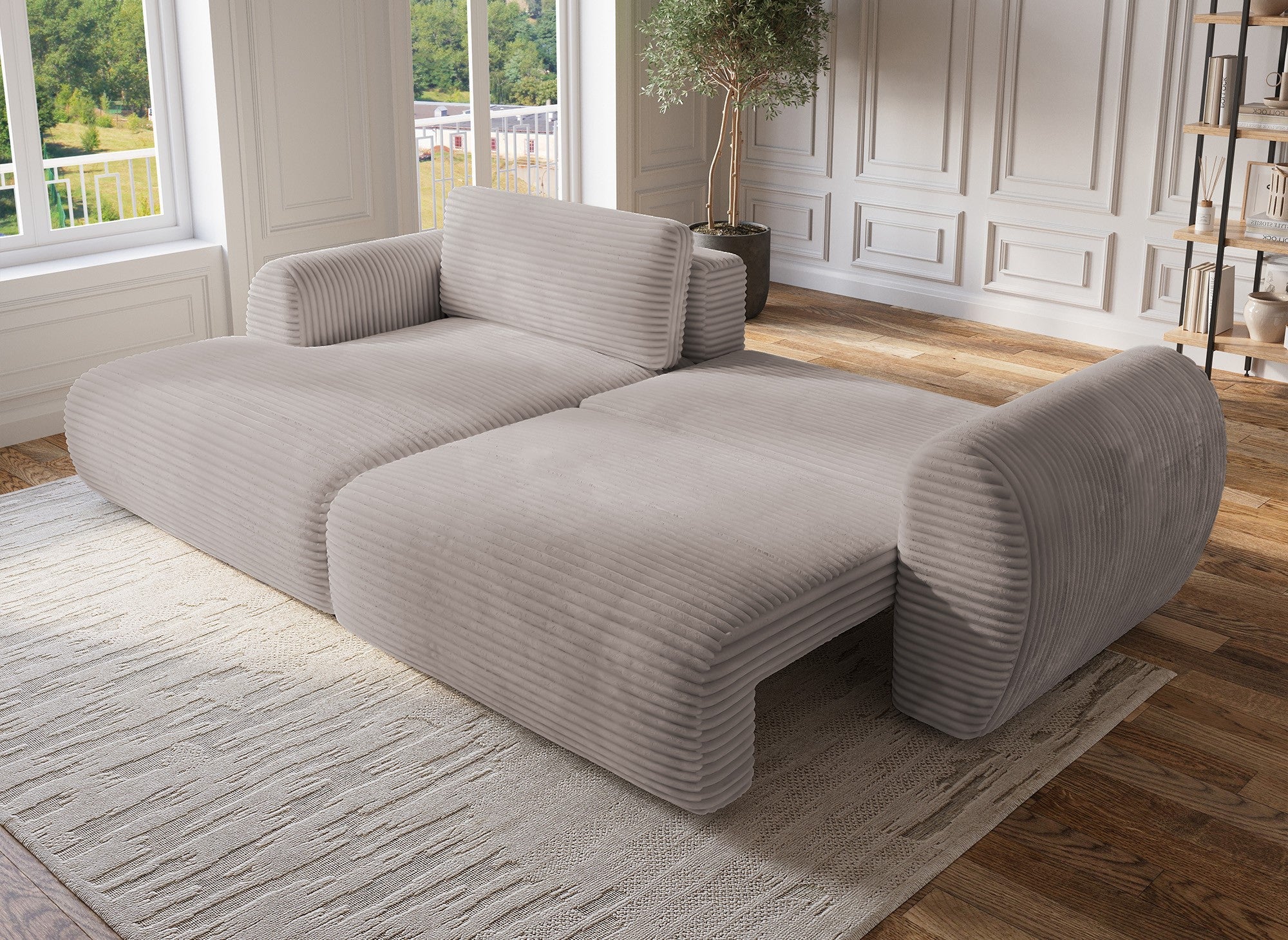 TILDA Ecksofa mit Bettfunktion und Stauraum, weiches Taupe-Cord, linke Ecke