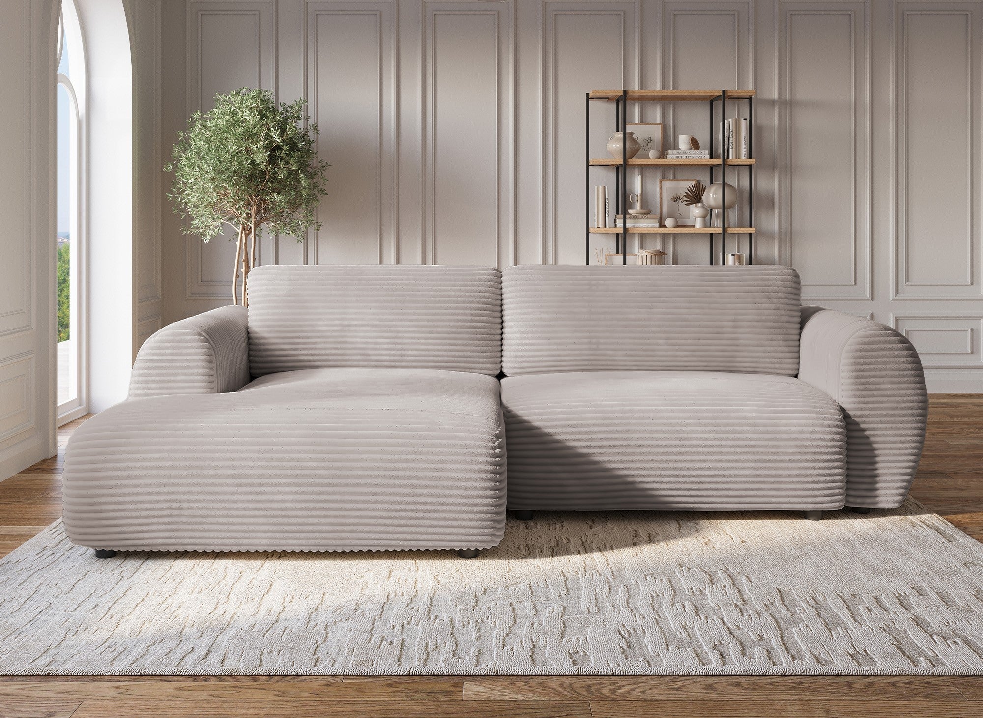 TILDA Ecksofa mit Bettfunktion und Stauraum, weiches Taupe-Cord, linke Ecke