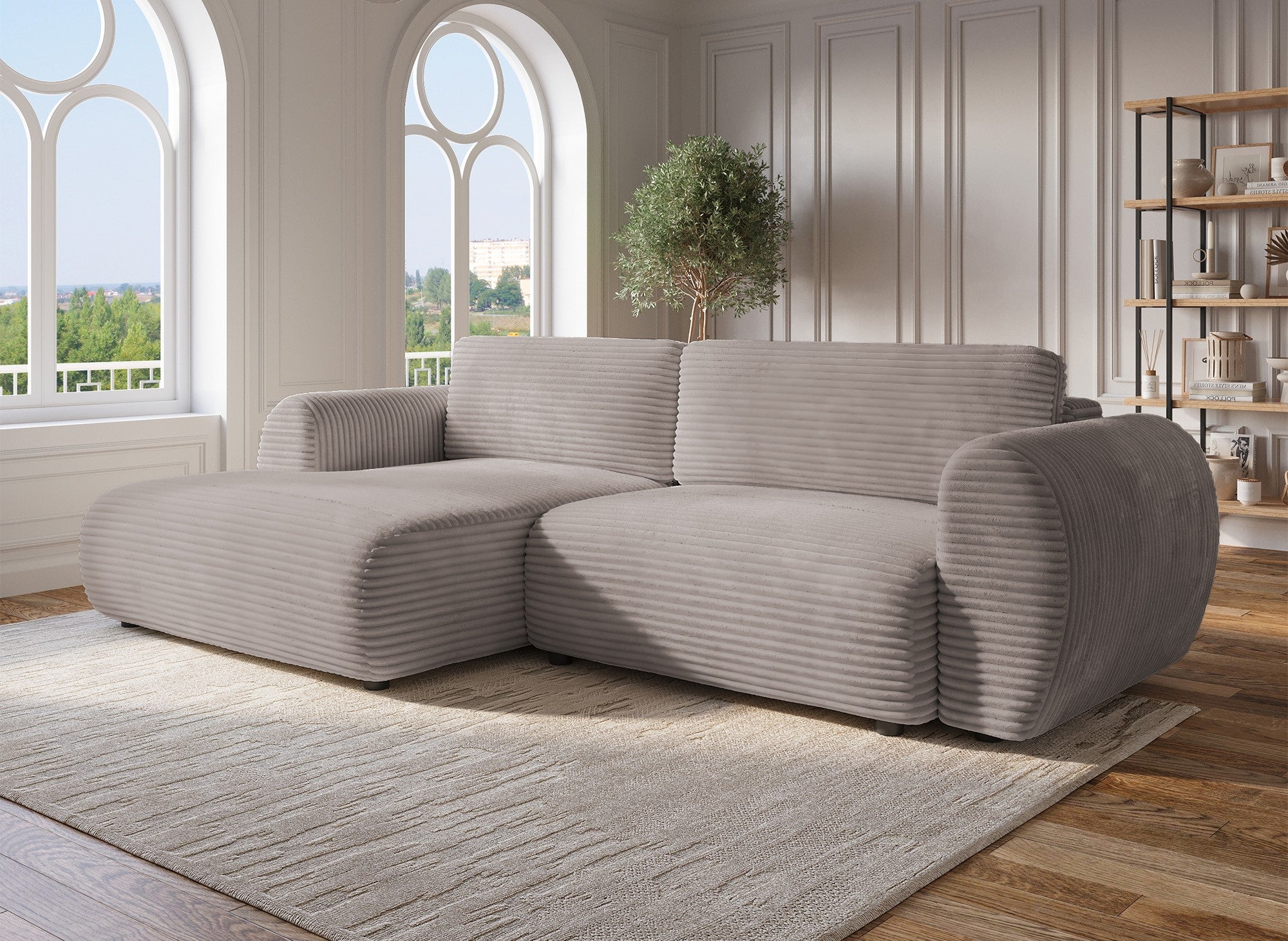 TILDA Ecksofa mit Bettfunktion und Stauraum, weiches Taupe-Cord, linke Ecke
