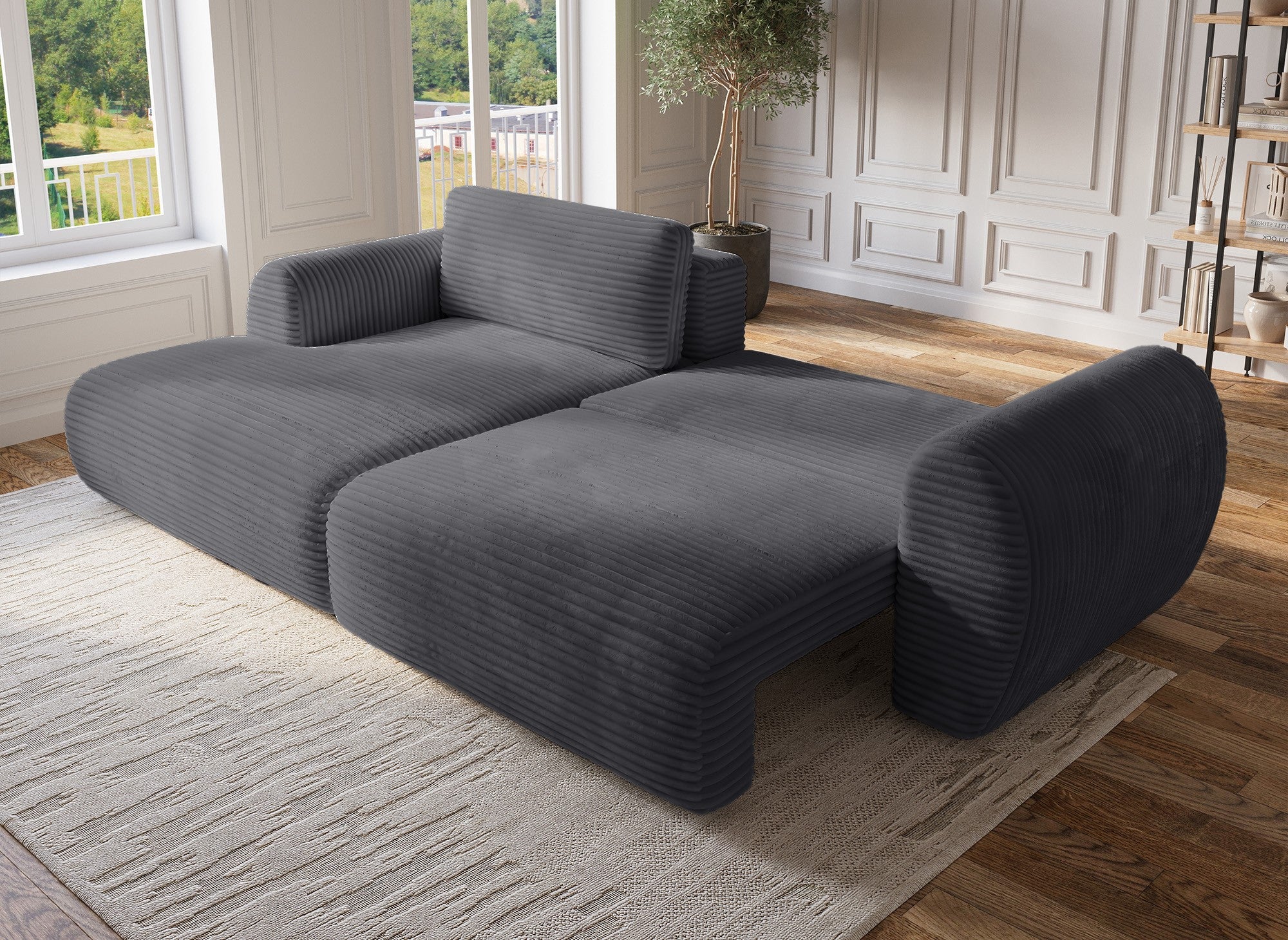 TILDA Ecksofa mit Bettfunktion und Stauraum, weiches Cord, grau – linke Ecke