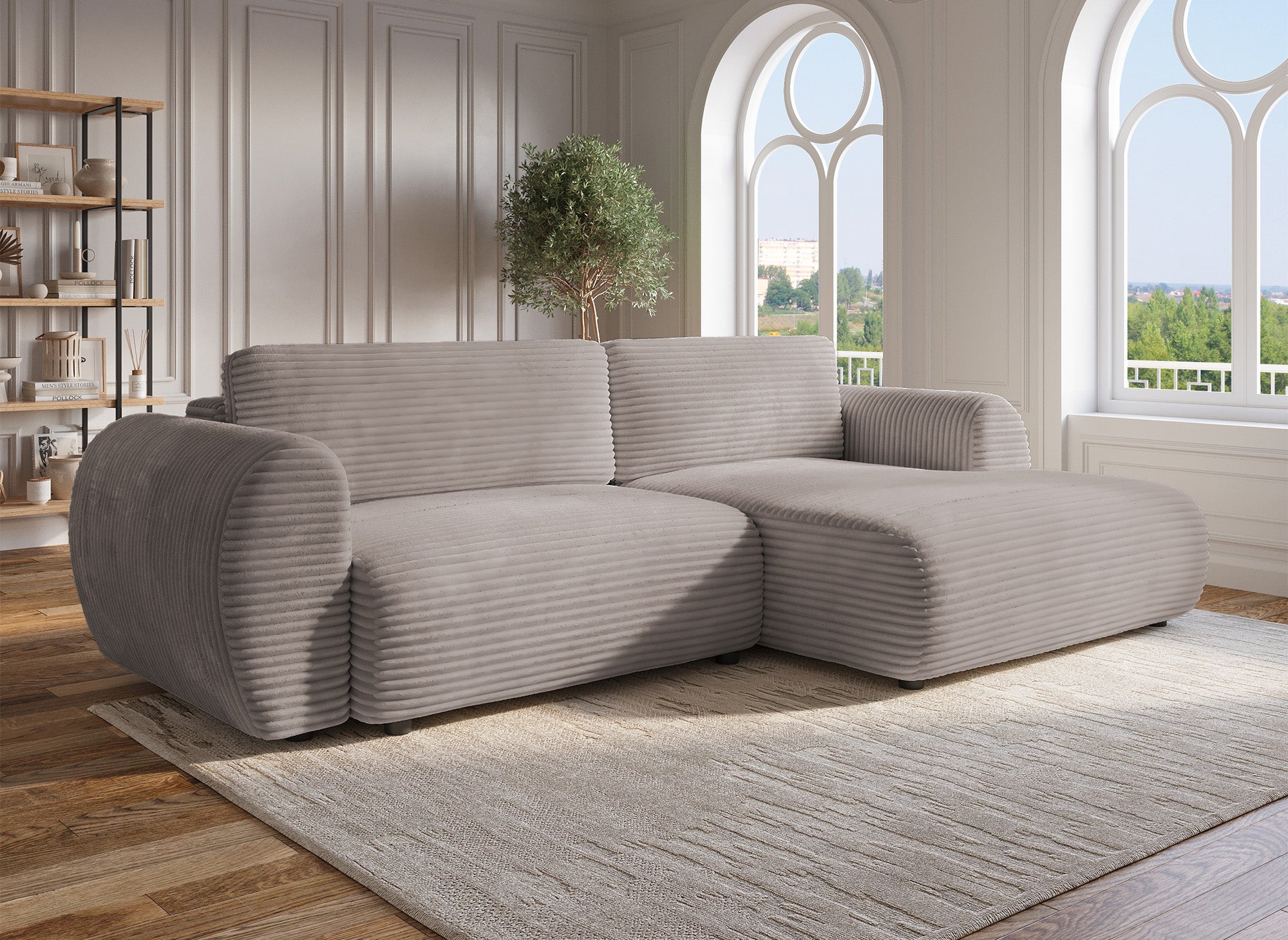 TILDA Ecksofa mit Bettfunktion und Stauraum, weicher Cord in Taupe, rechtwinklig