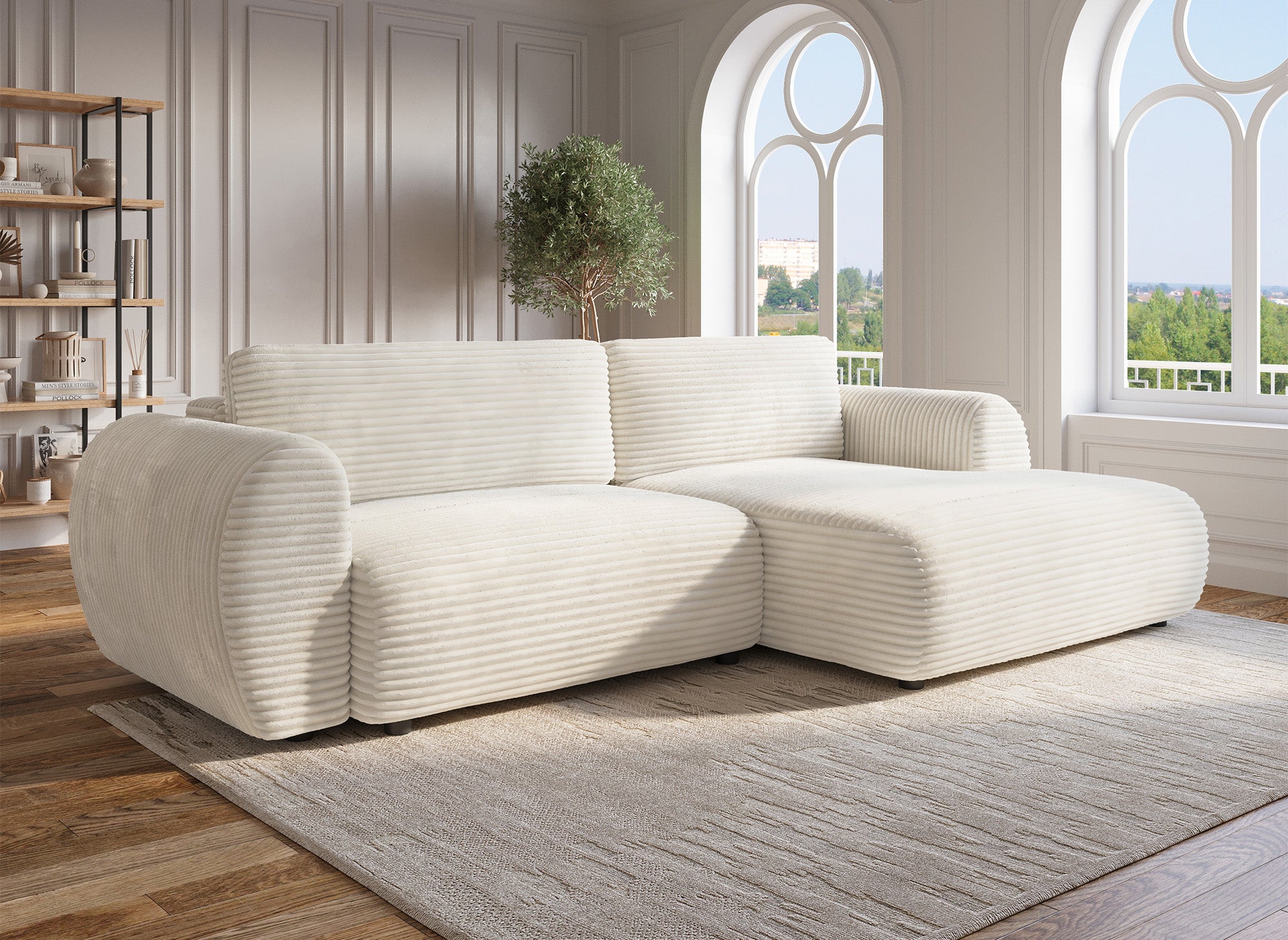 TILDA Ecksofa mit Bettfunktion und Stauraum, Beige, weicher Cord, rechtwinklig