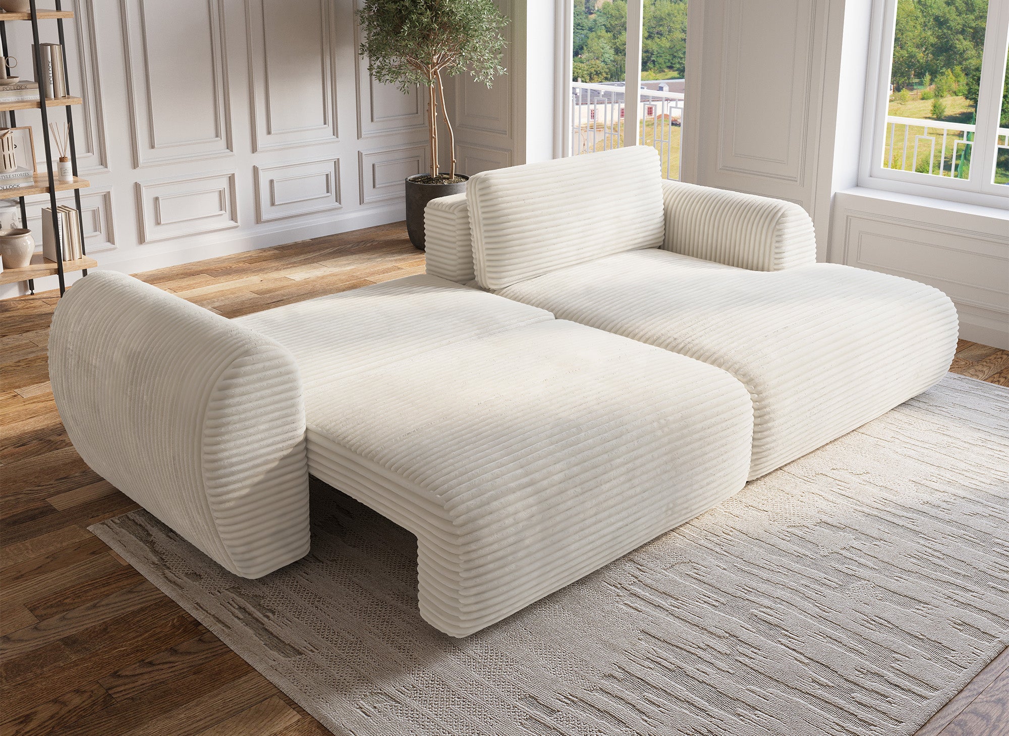 TILDA Ecksofa mit Bettfunktion und Stauraum, Beige, weicher Cord, rechtwinklig