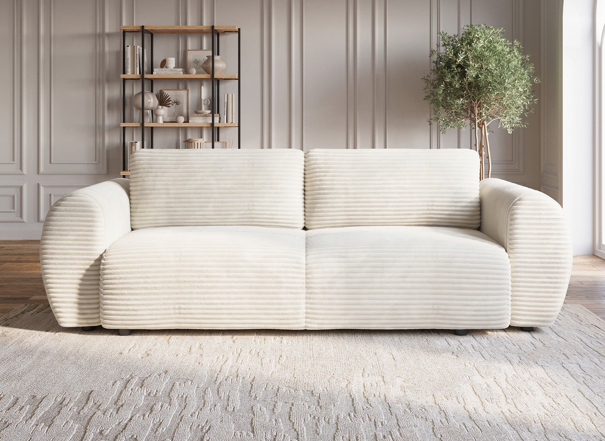 TILDA 3-Sitzer-Sofa mit gerader Rückenlehne und weicher, beige gerippter Brust