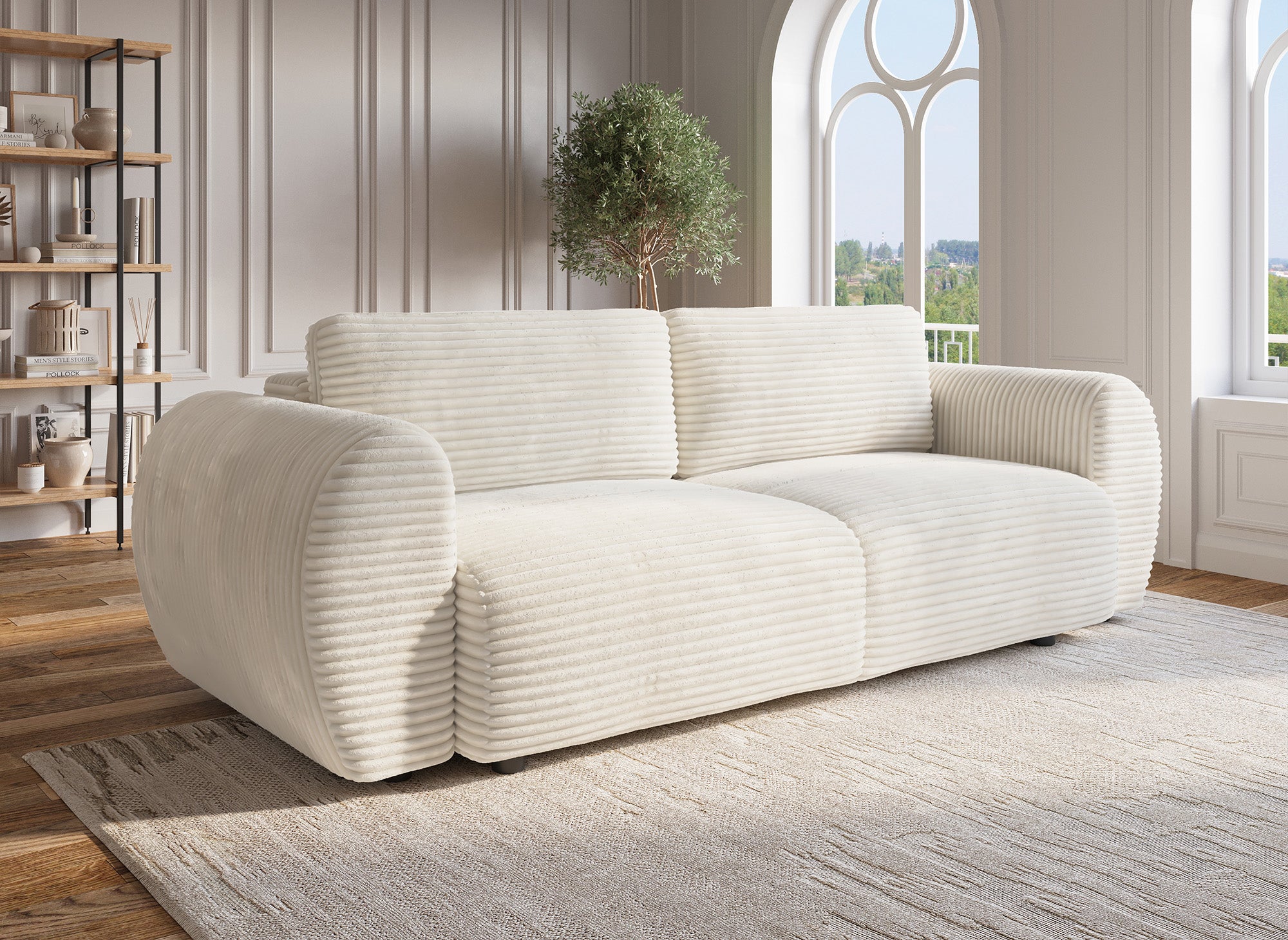 TILDA 3-Sitzer-Sofa mit gerader Rückenlehne und weicher, beige gerippter Brust