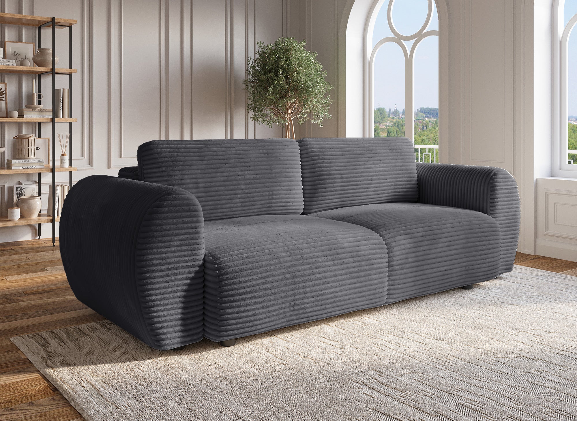 TILDA, graues, weich geripptes 3-Sitzer-Sofa mit Stauraum.