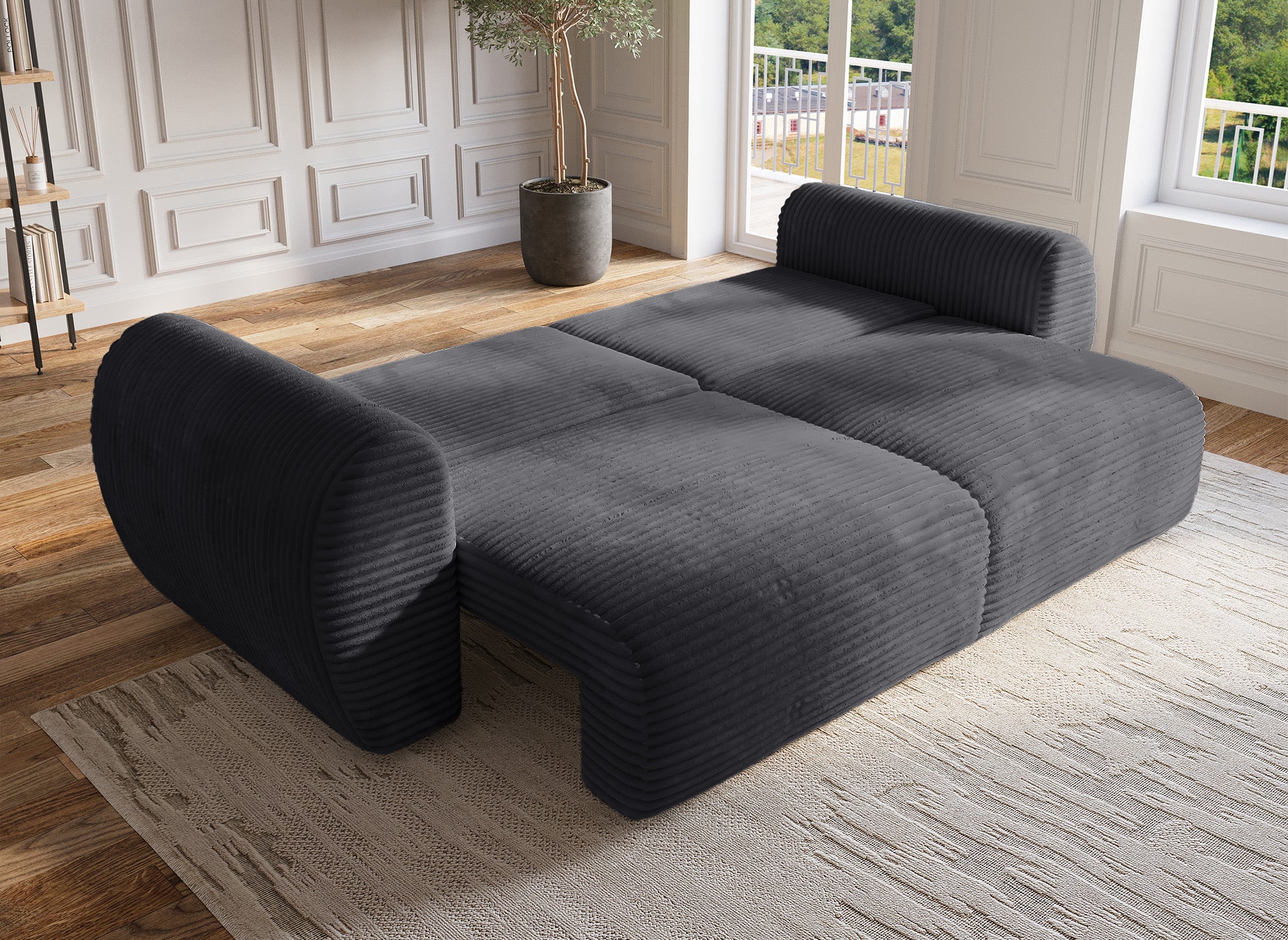 TILDA, graues, weich geripptes 3-Sitzer-Sofa mit Stauraum.