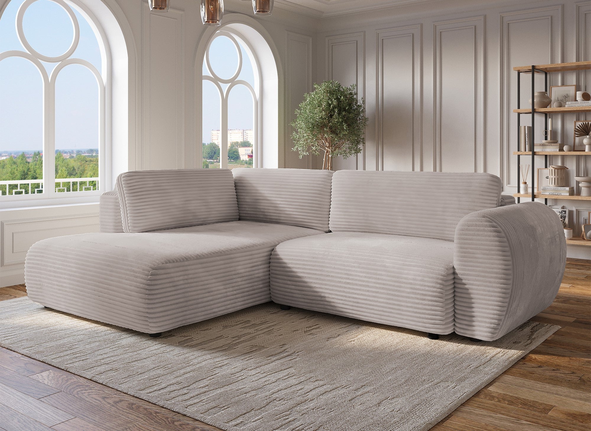 TILDA Ecksofabett in weichem Taupe mit geripptem Bezug, Chaiselongue und Stauraum – Linke Ecke