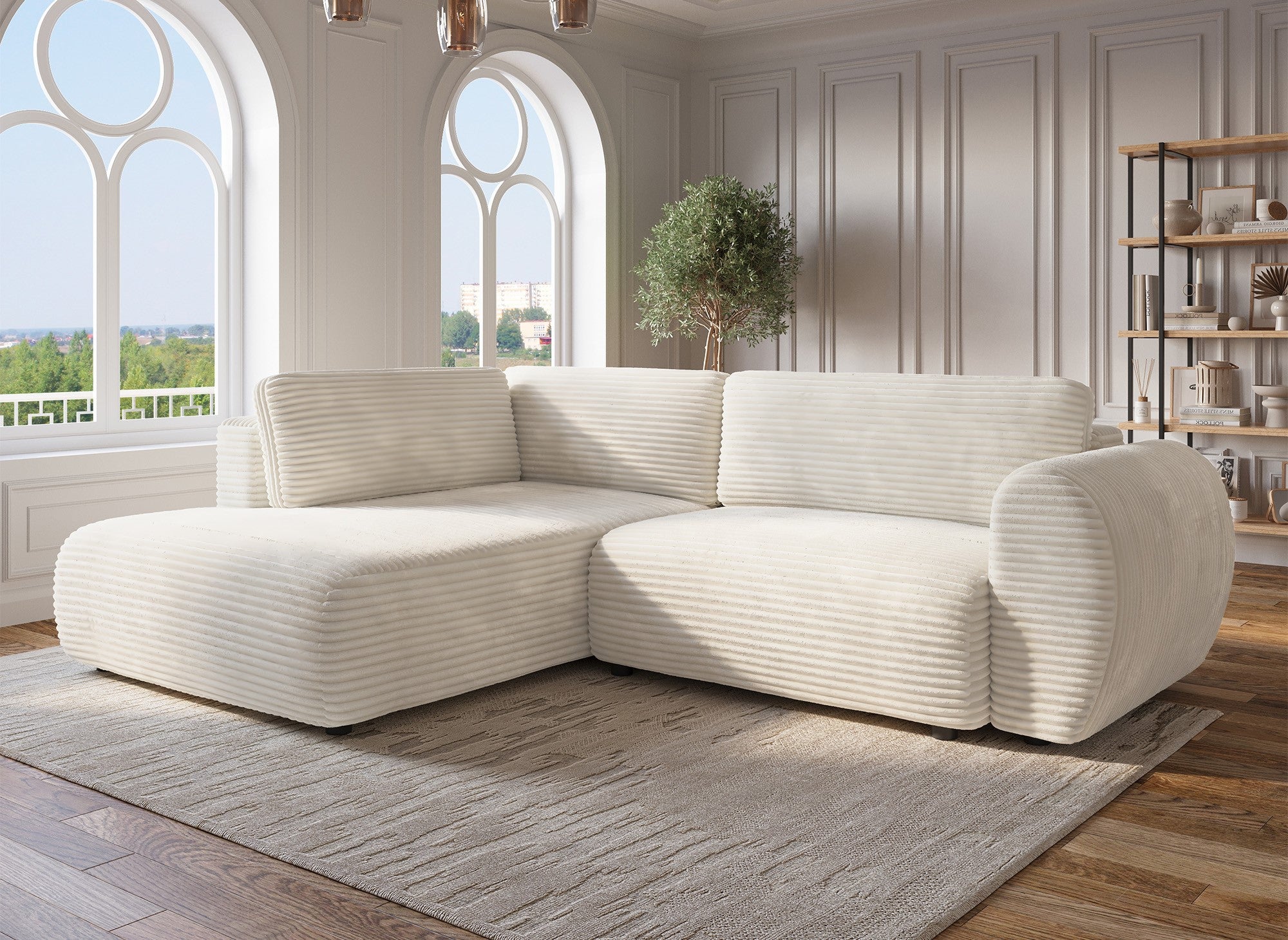 TILDA Ecksofa mit weichem Rippenmuster, Beige, mit Chaiselongue und Stauraum – Linke Ecke