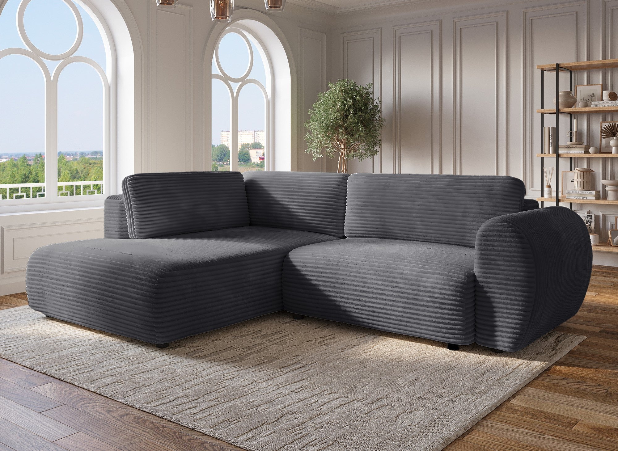 TILDA Ecksofa mit weichem Rippenmuster, grau, mit Chaiselongue und Stauraum – linke Ecke