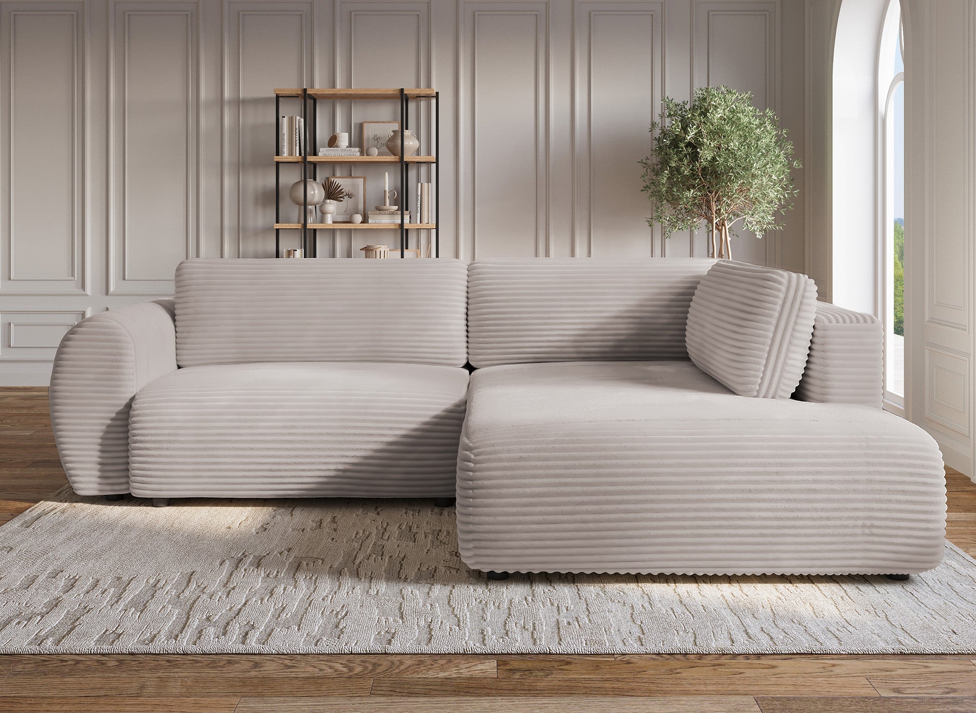 TILDA Ecksofa mit Bettfunktion, gerippt, weiches Taupe, mit Chaiselongue und Stauraum, rechtwinklig