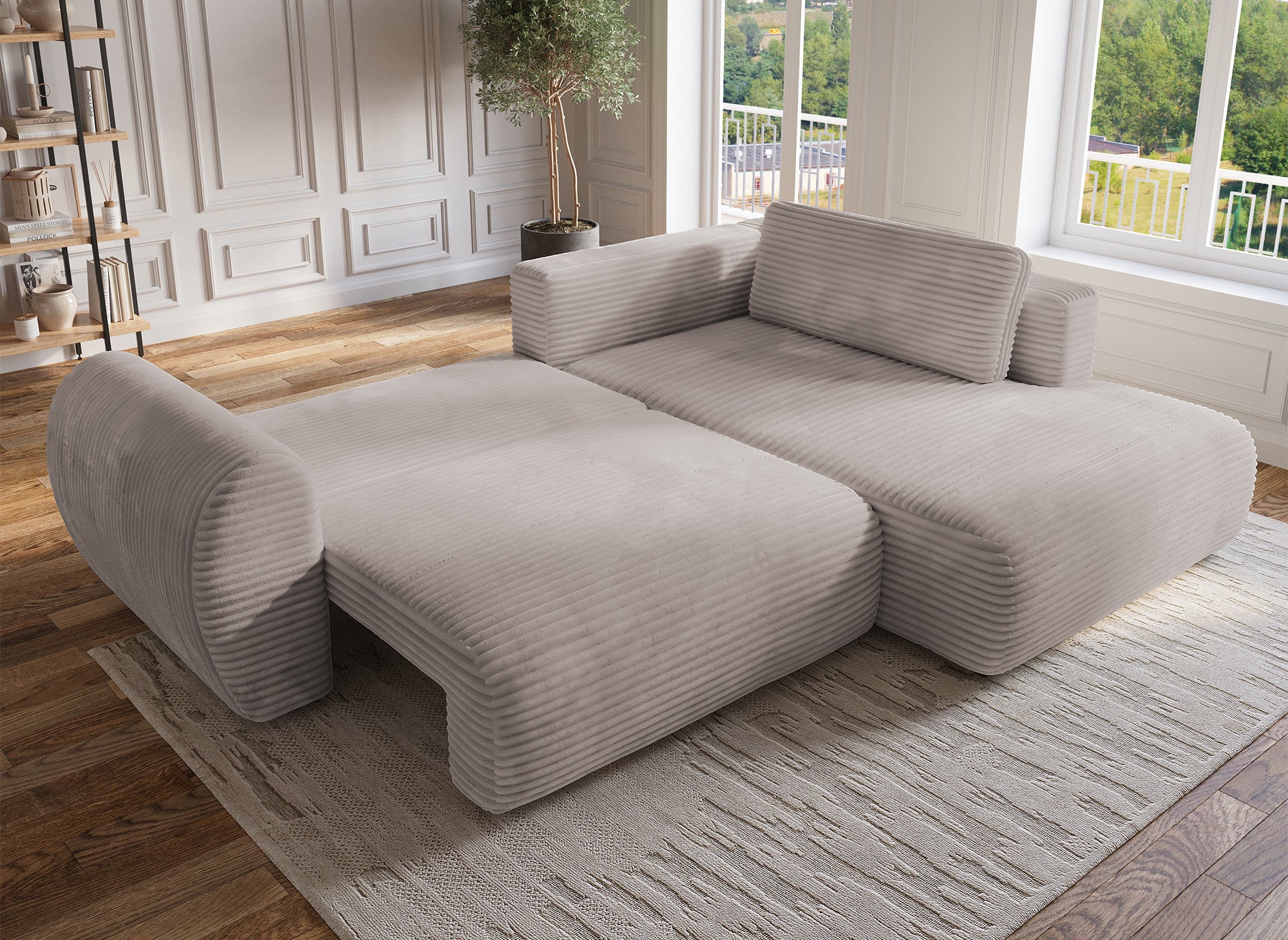 TILDA Ecksofa mit Bettfunktion, gerippt, weiches Taupe, mit Chaiselongue und Stauraum, rechtwinklig