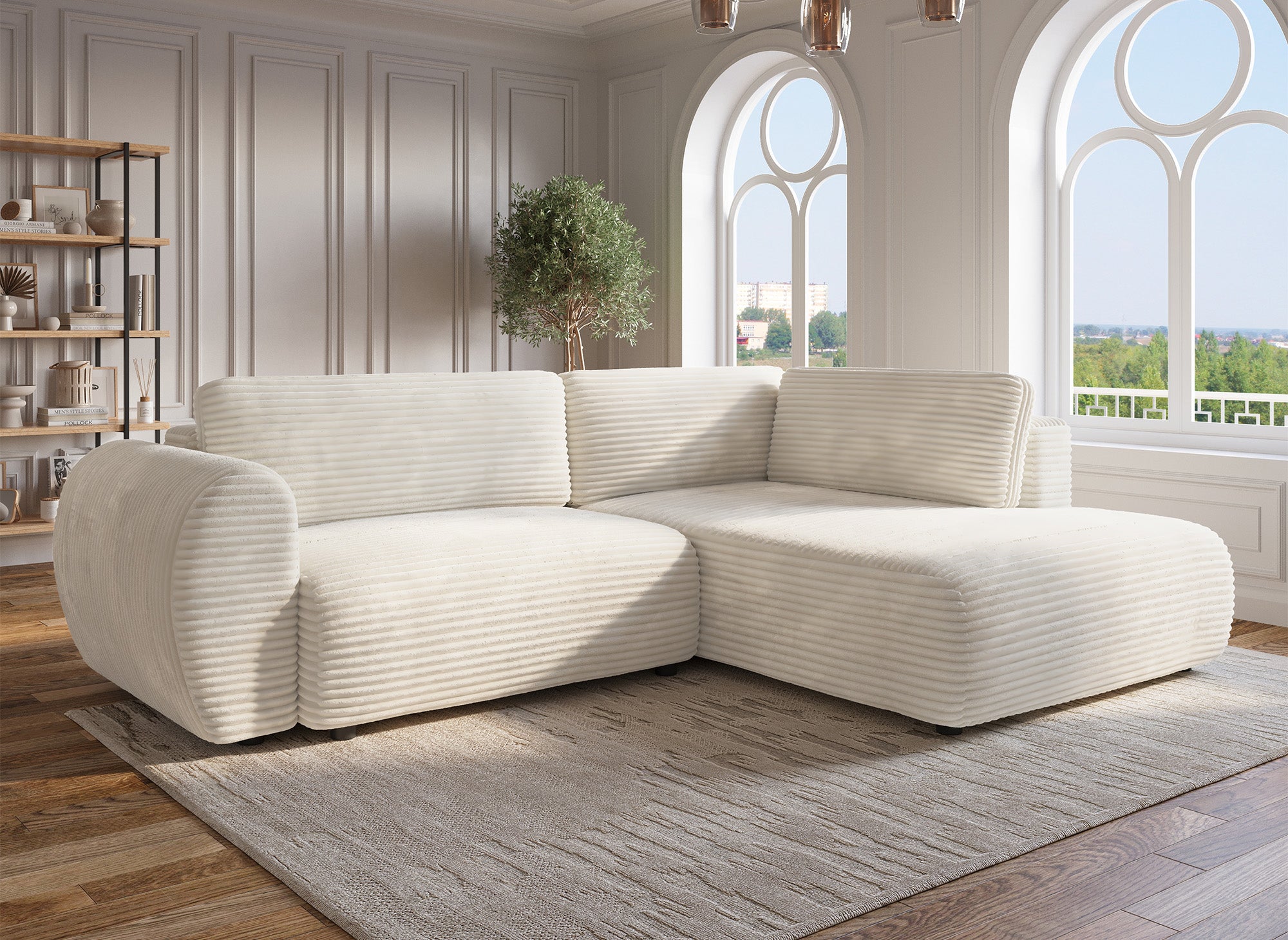 TILDA Ecksofa mit Bettfunktion, weich gerippt, mit Chaiselongue und Stauraum, Beige, rechtwinklig
