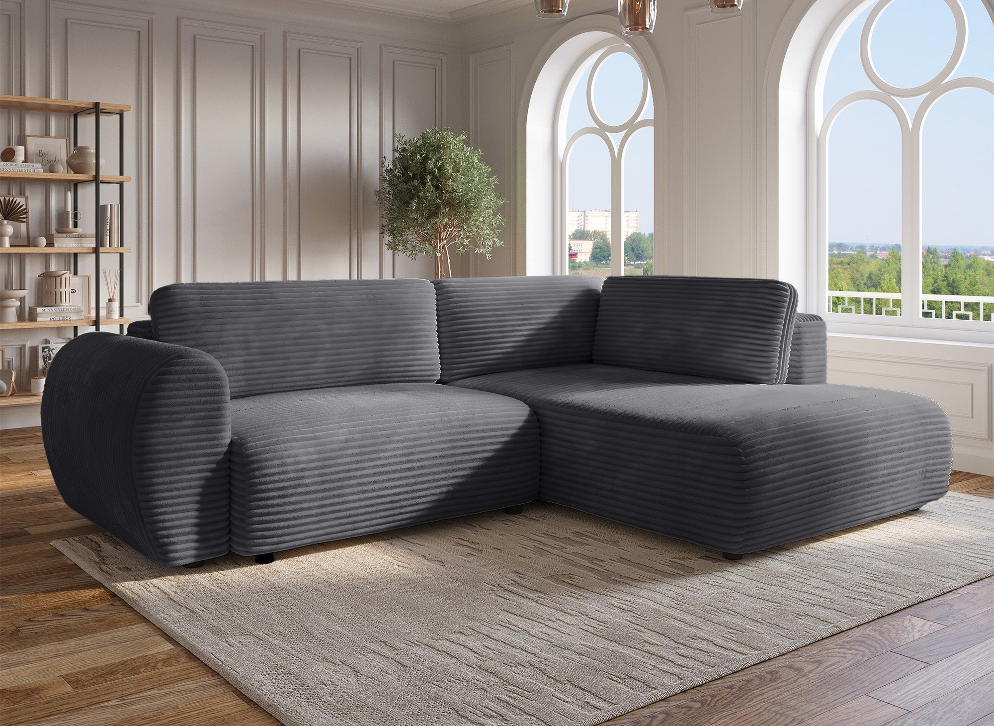 TILDA Ecksofa mit Bettfunktion, gerippt, grau, mit Chaiselongue und Stauraum, rechtwinklig