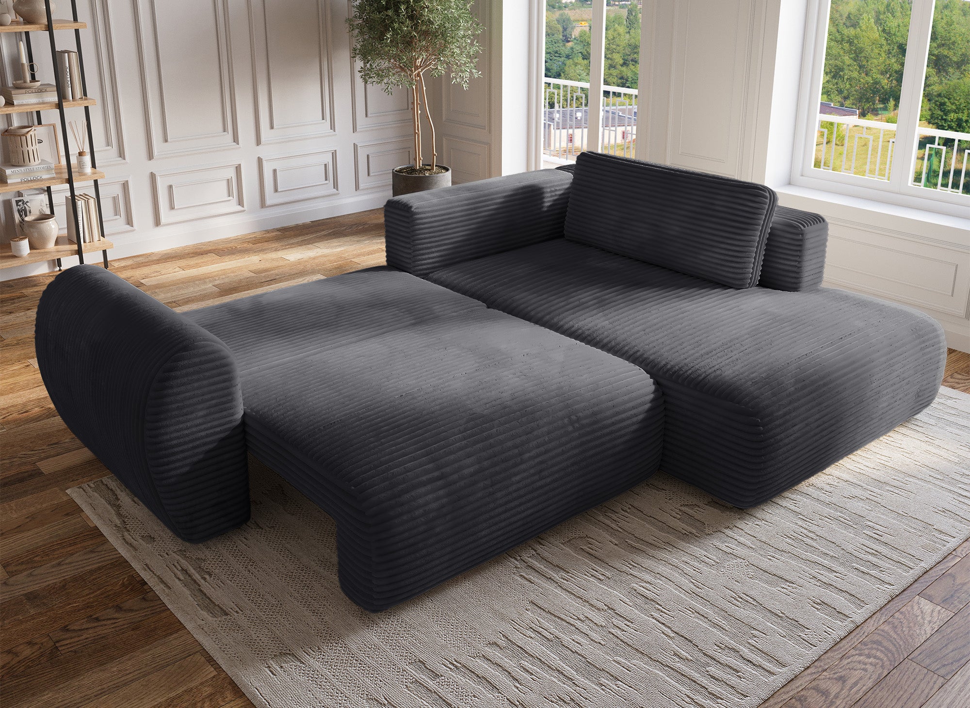 TILDA Ecksofa mit Bettfunktion, gerippt, grau, mit Chaiselongue und Stauraum, rechtwinklig