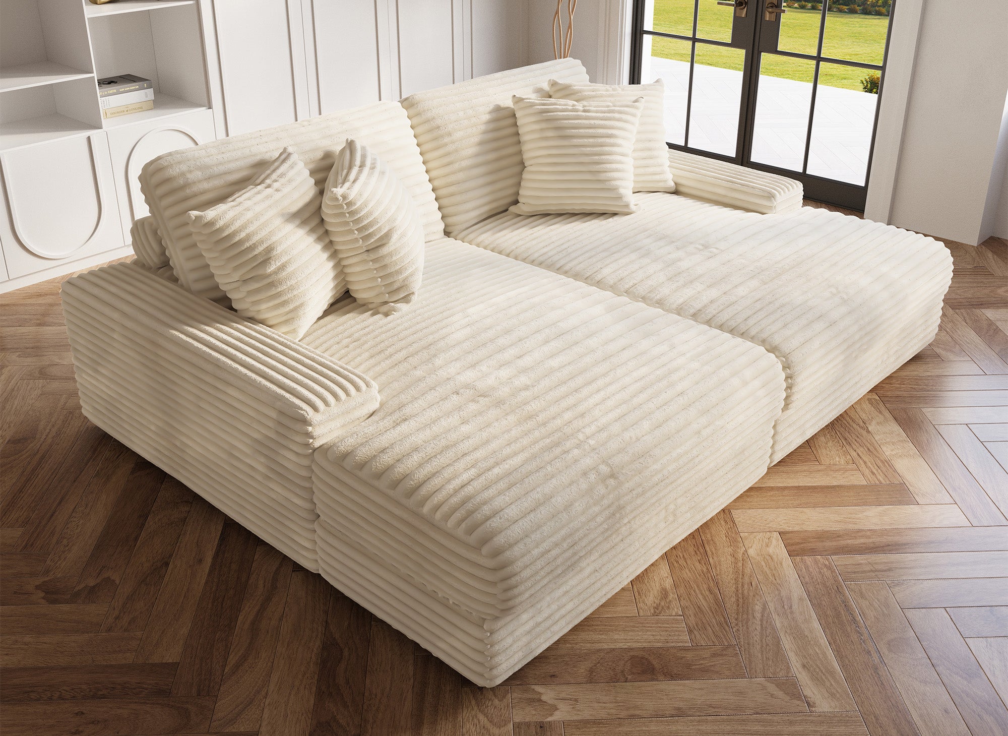 DAHO beiges, weich geripptes 2-Sitzer-Sofa mit geradem Schnitt