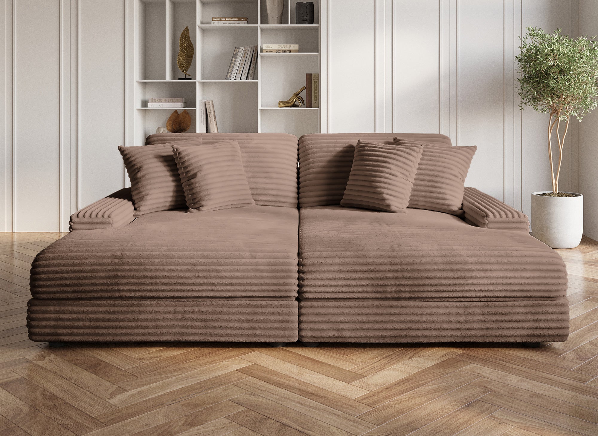DAHO 2-Sitzer-Sofa mit geradem Sitz aus weichem, taupefarbenem Rippenstoff