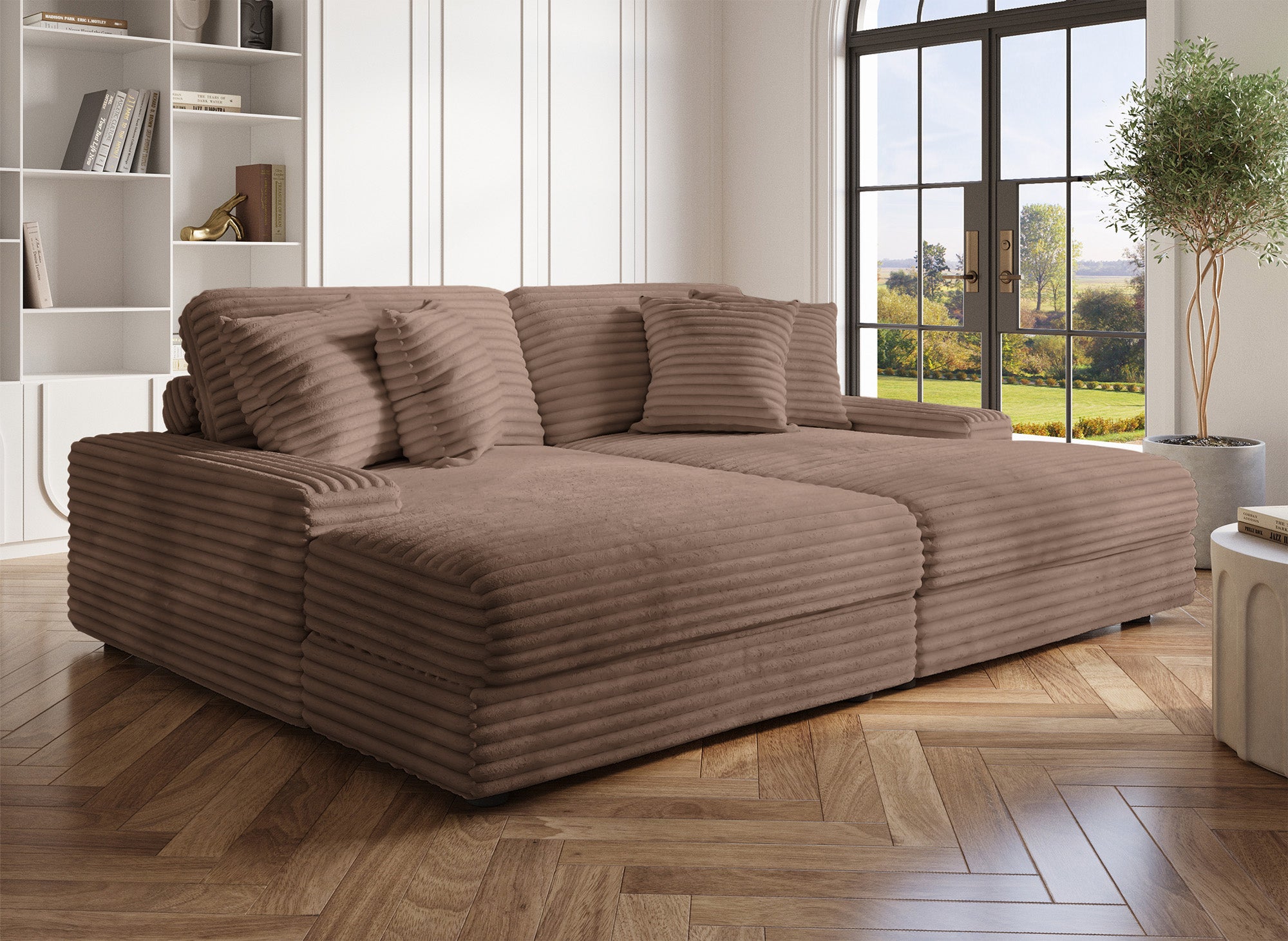 DAHO 2-Sitzer-Sofa mit geradem Sitz aus weichem, taupefarbenem Rippenstoff