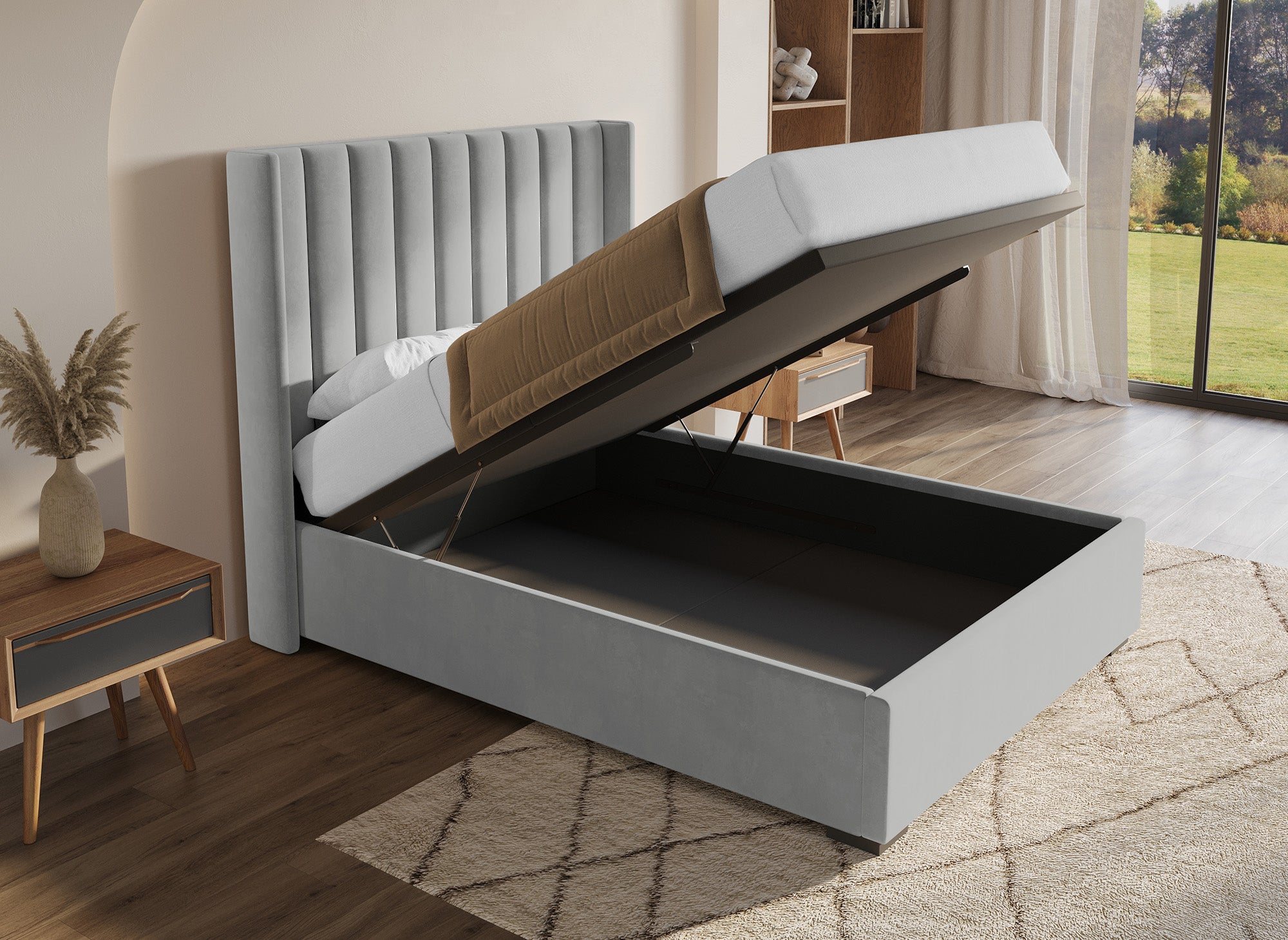 ALENA Bett mit Stauraum aus grauem Samt 140x190 cm