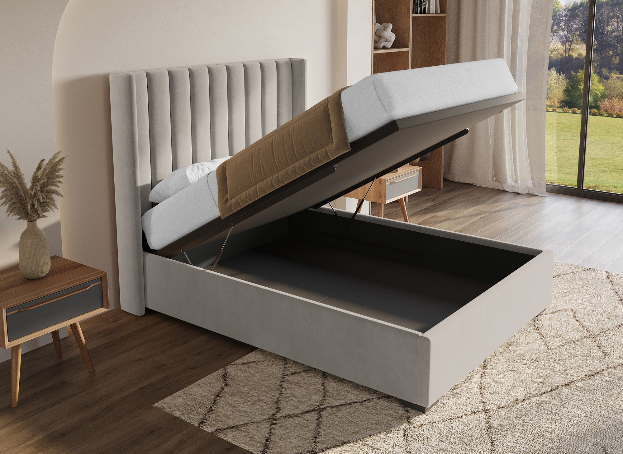 ALENA Bett mit Stauraum aus taupefarbenem Samt 140x190 cm