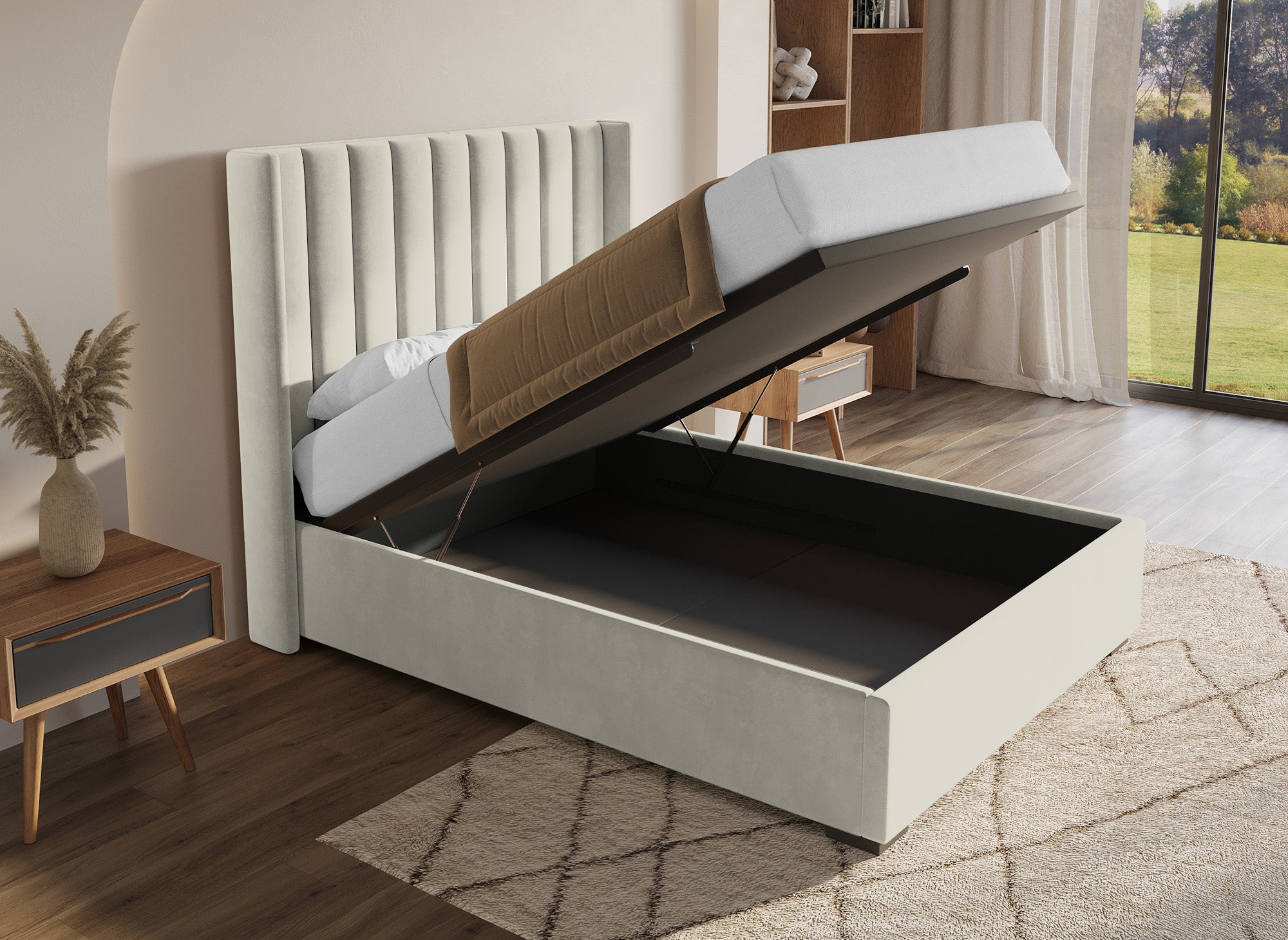 ALENA Bett mit Stauraum aus beigefarbenem Samt 140x190 cm