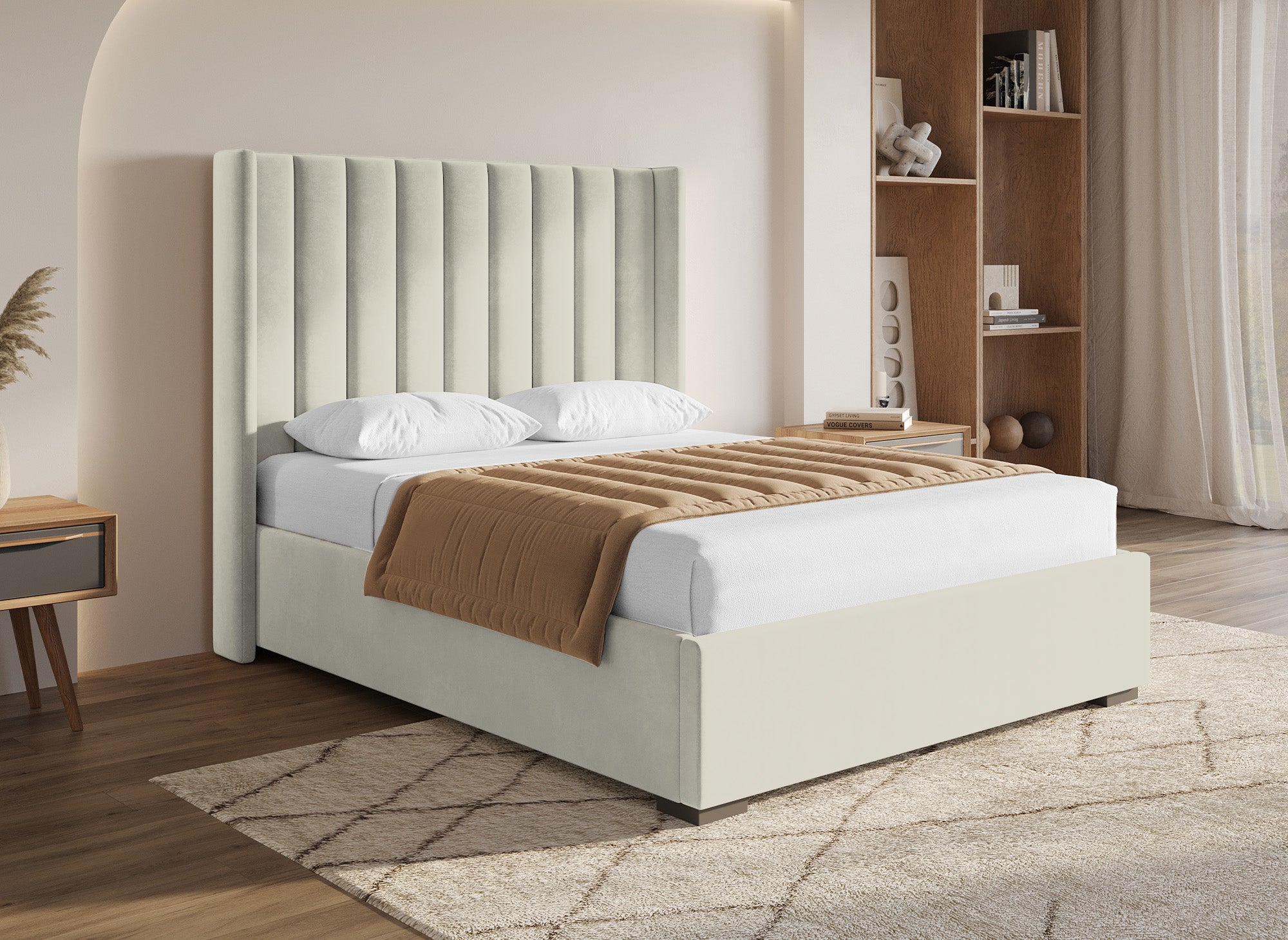 ALENA Bett mit Stauraum aus beigefarbenem Samt 140x190 cm