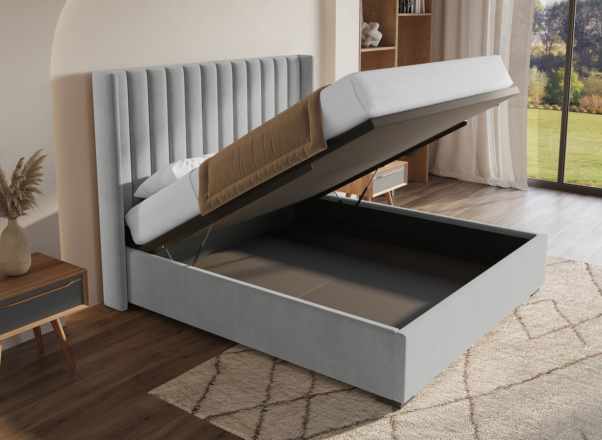 ALENA Bett mit Stauraum aus grauem Samt 180x200