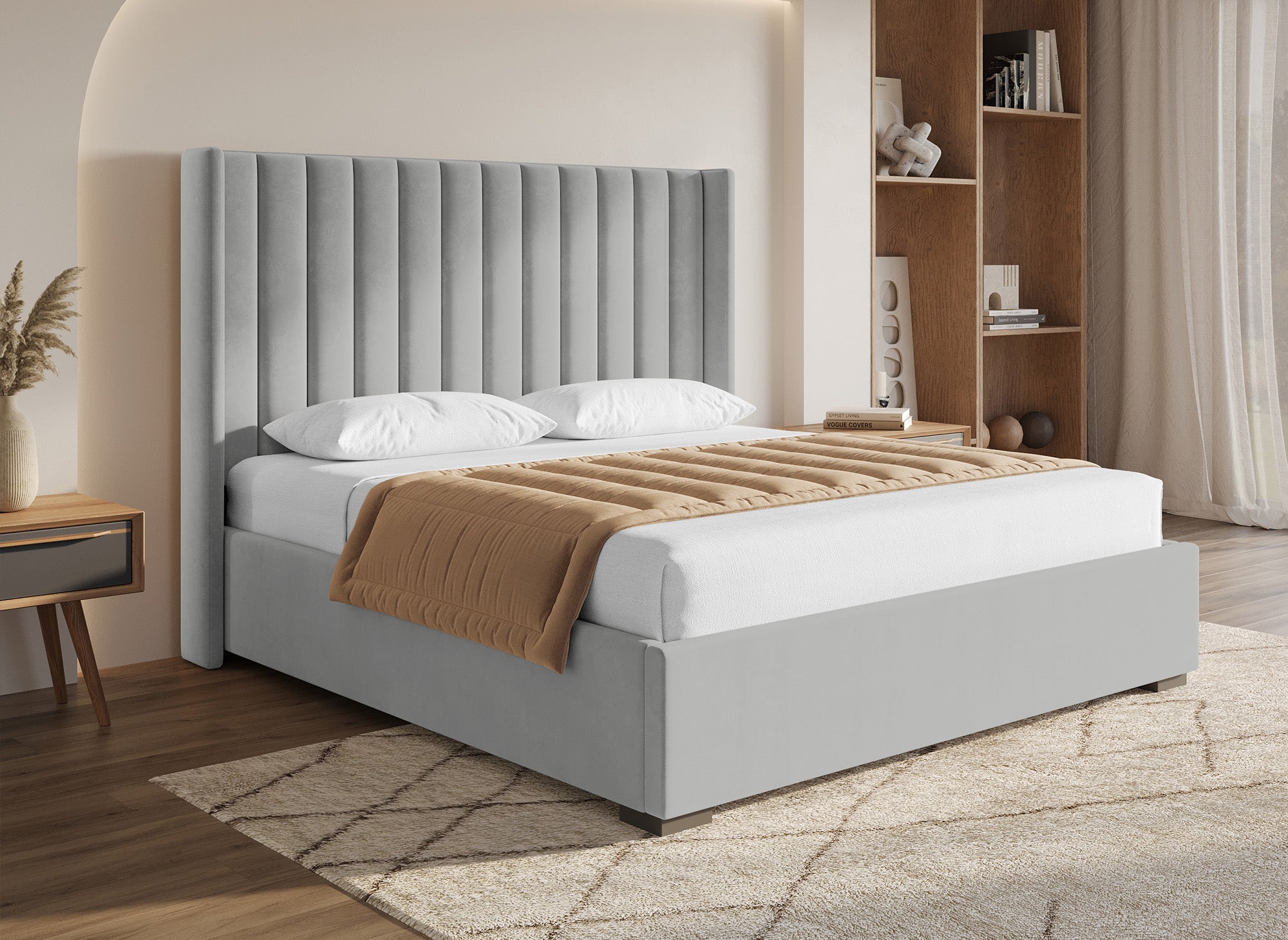 ALENA Bett mit Stauraum aus grauem Samt 180x200