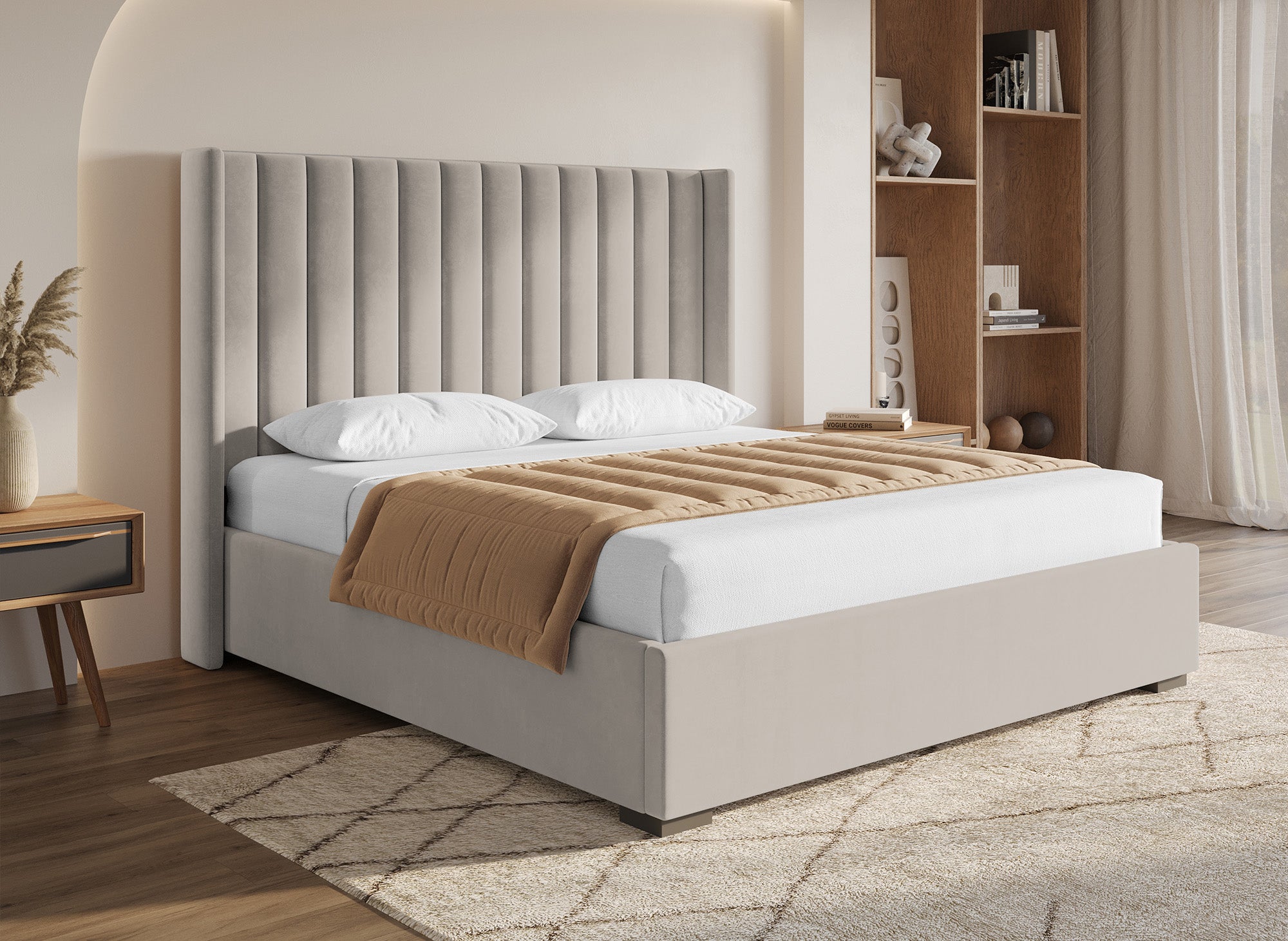 ALENA Bett mit Stauraum aus taupefarbenem Samt 180x200 cm