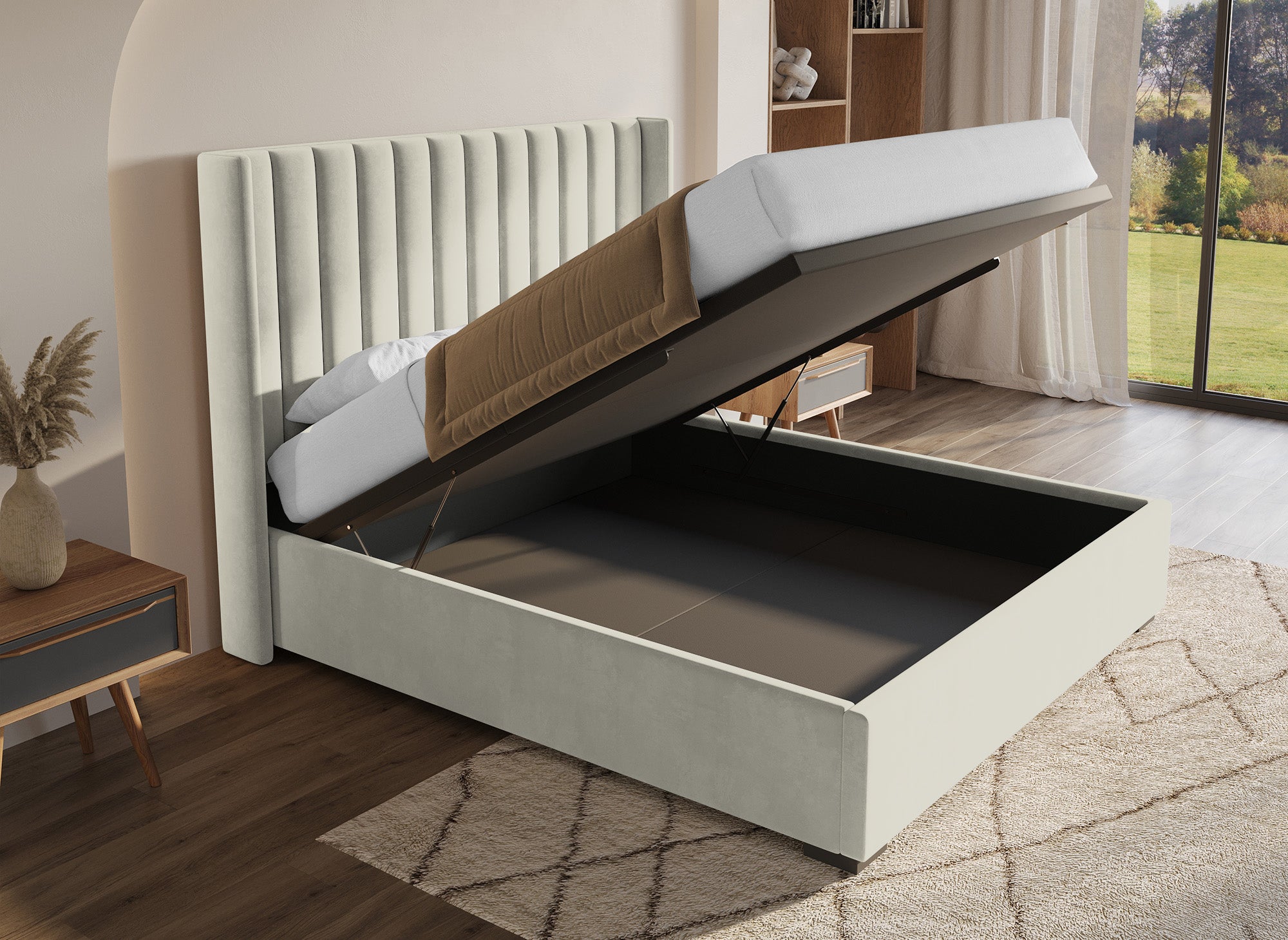 ALENA Bett mit Stauraum aus beigefarbenem Samt 180x200 cm
