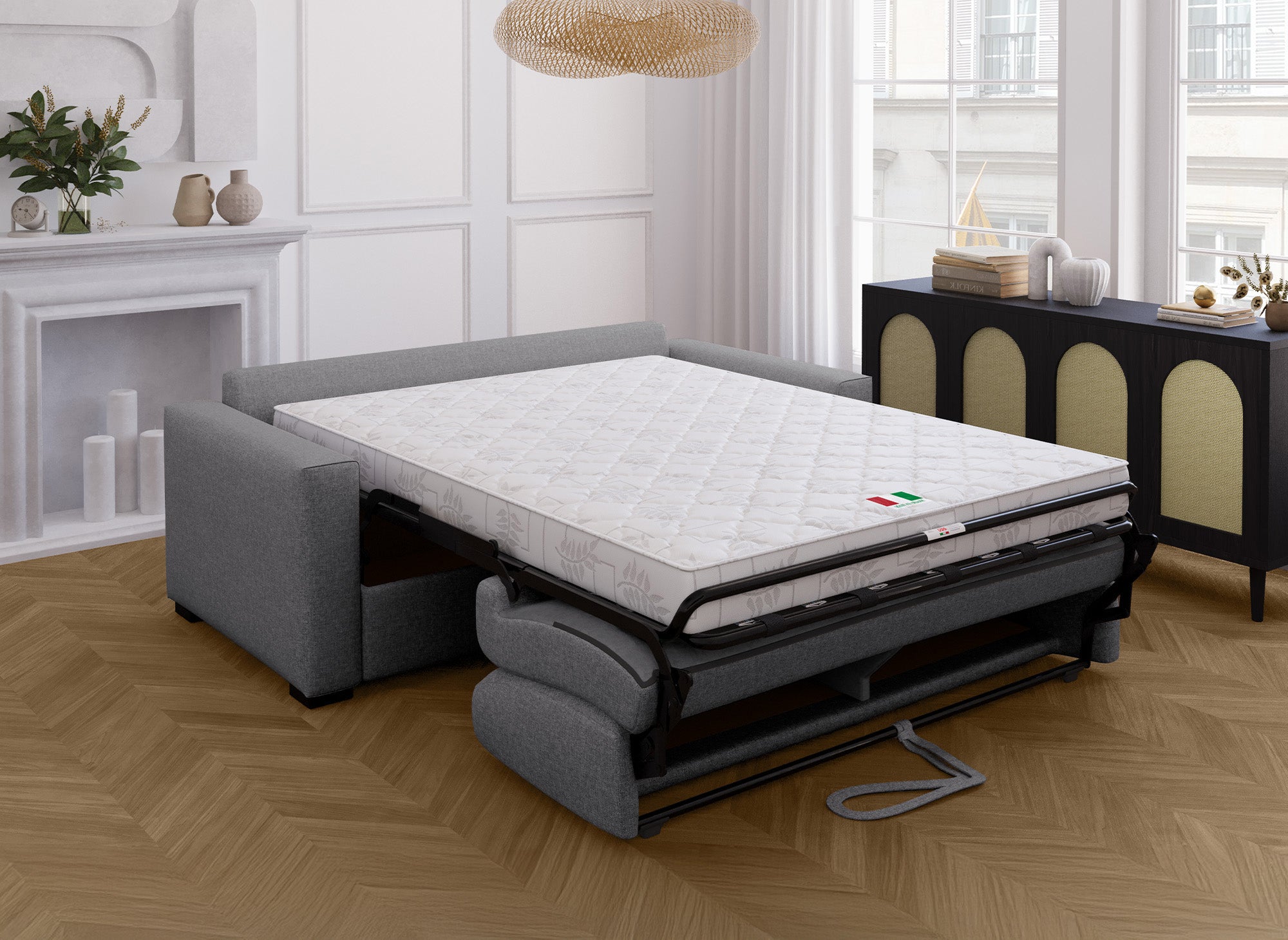 LOUNA 3-Sitzer-Schlafsofa aus dunkelgrauem Stoff mit Expressöffnung und 14 cm Matratze