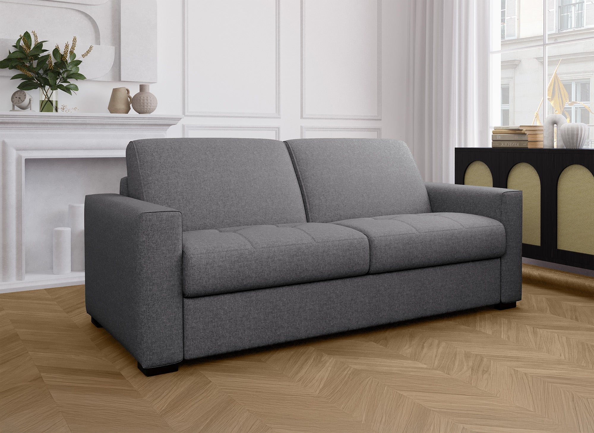 LOUNA 3-Sitzer-Schlafsofa aus dunkelgrauem Stoff mit Expressöffnung und 14 cm Matratze