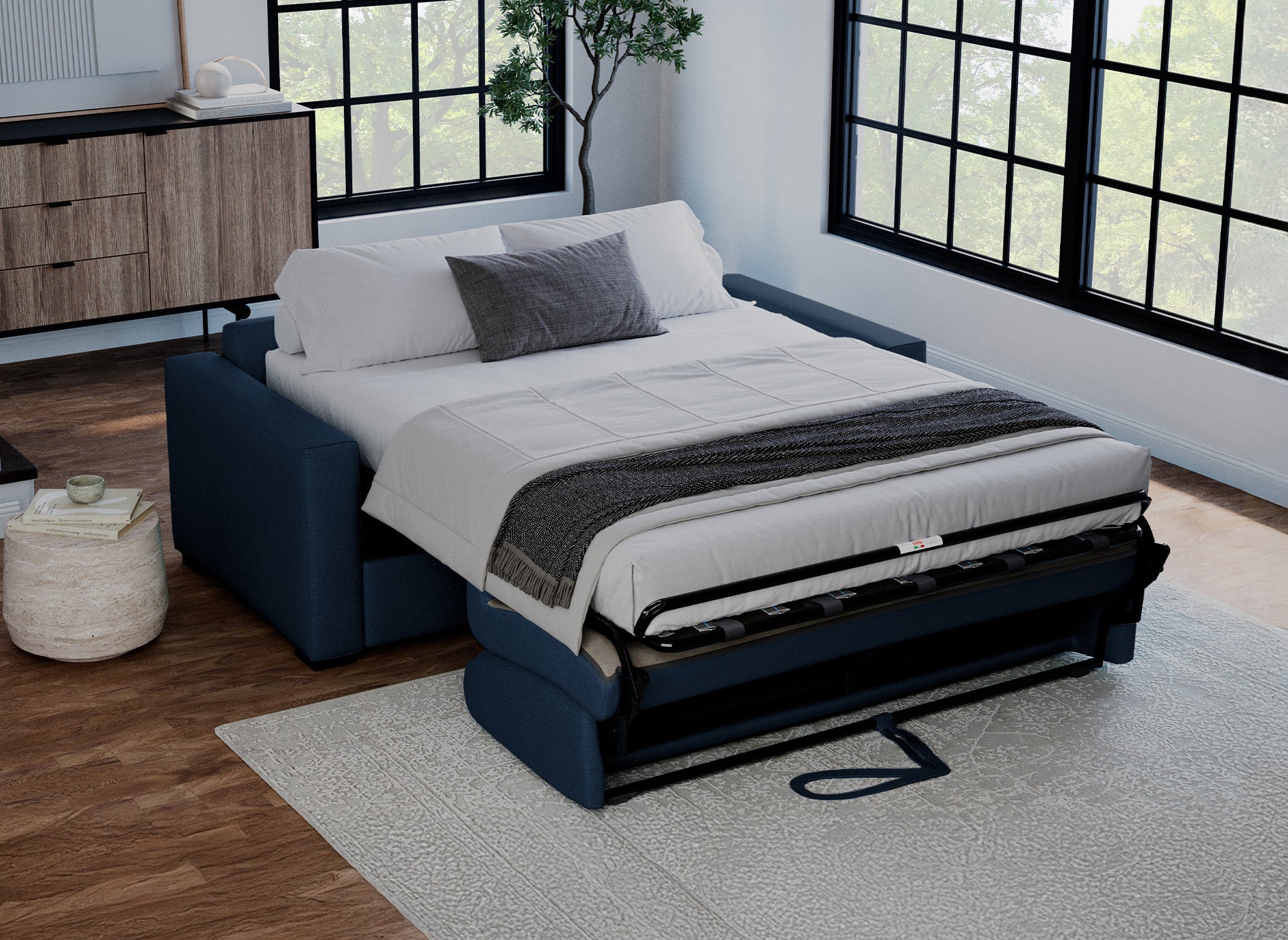LOUNA LUXE 3-Sitzer-Schlafsofa aus jeansblauem Stoff mit Expressöffnung und 18 cm Matratze