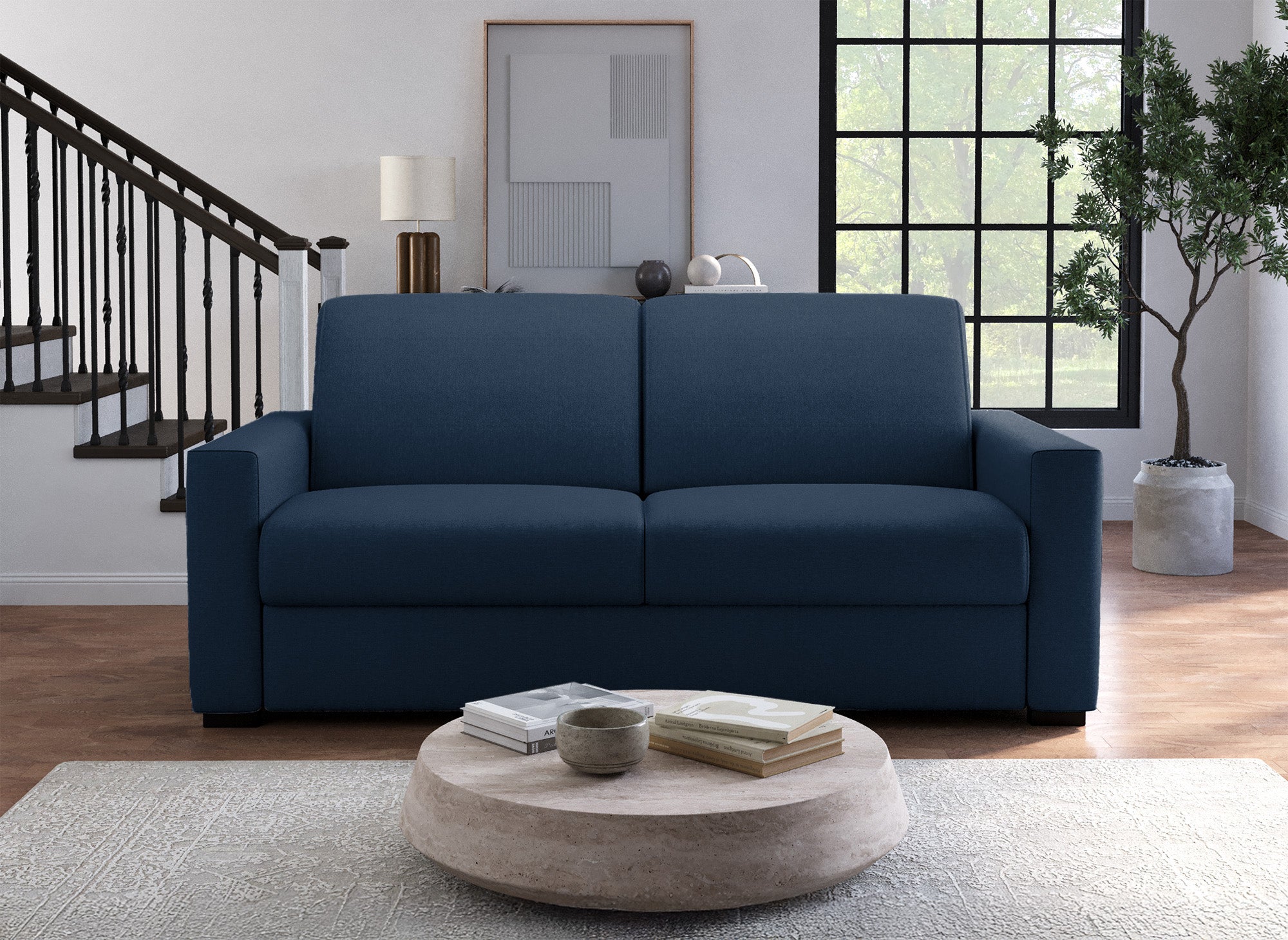 LOUNA LUXE 3-Sitzer-Schlafsofa aus jeansblauem Stoff mit Expressöffnung und 18 cm Matratze