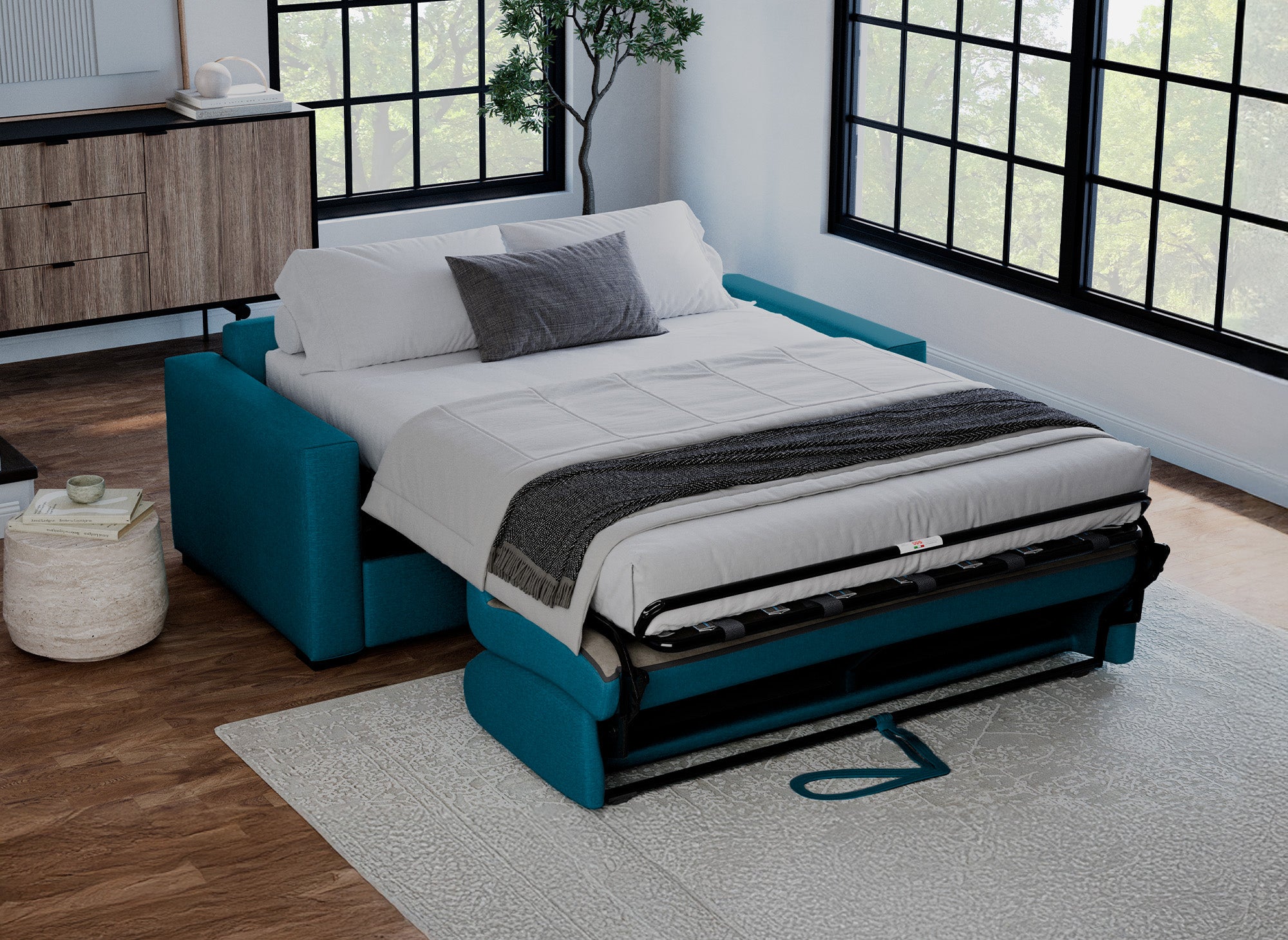 LOUNA LUXE 3-Sitzer-Schlafsofa aus petrolblauem Stoff mit Expressöffnung und 18 cm Matratze 