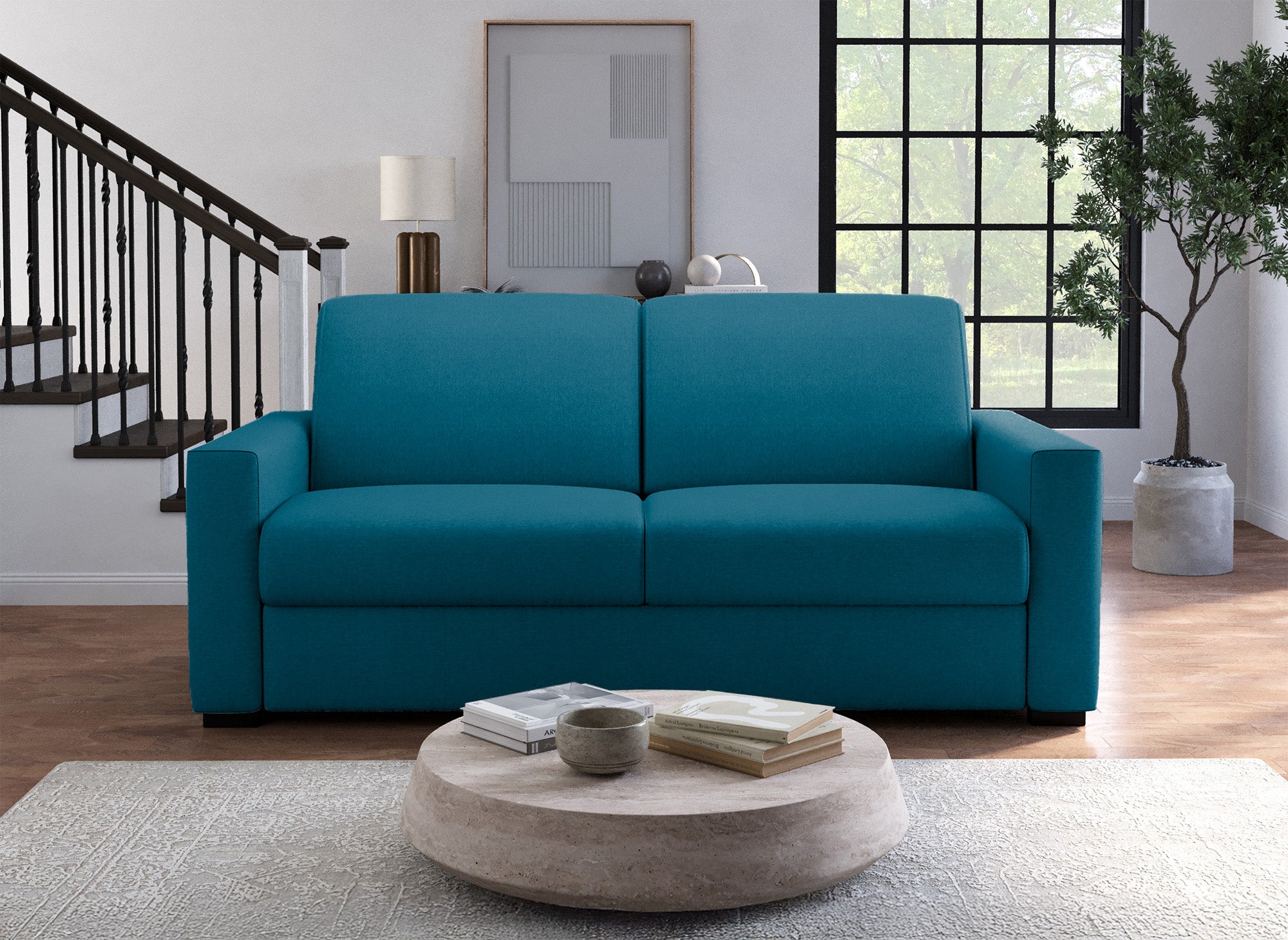 LOUNA LUXE 3-Sitzer-Schlafsofa aus petrolblauem Stoff mit Expressöffnung und 18 cm Matratze 