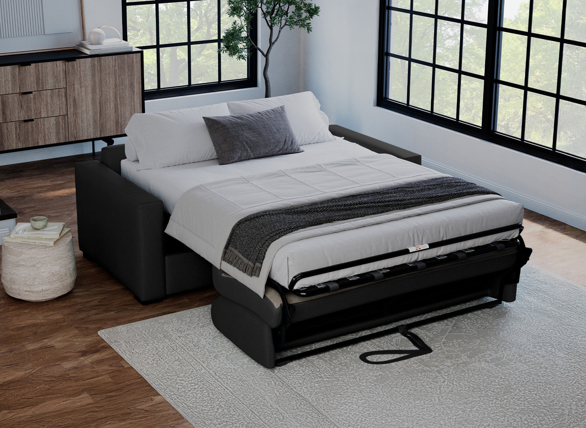 LOUNA LUXE 3-Sitzer-Schlafsofa aus anthrazitgrauem Stoff mit Expressöffnung und 18 cm Matratze