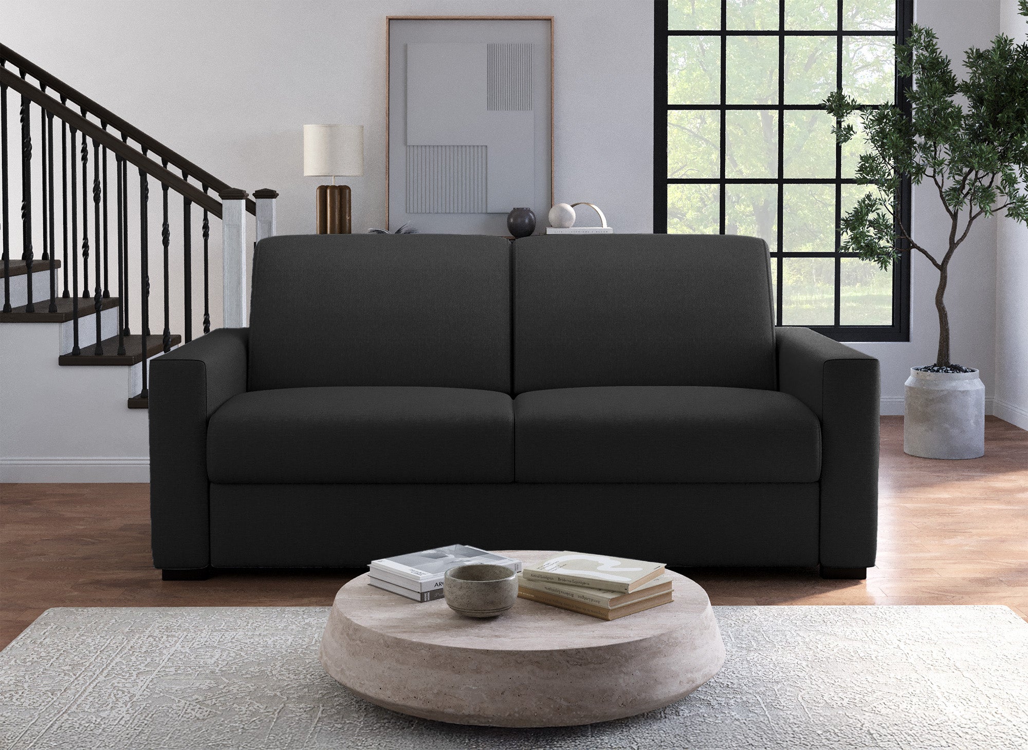 LOUNA LUXE 3-Sitzer-Schlafsofa aus anthrazitgrauem Stoff mit Expressöffnung und 18 cm Matratze