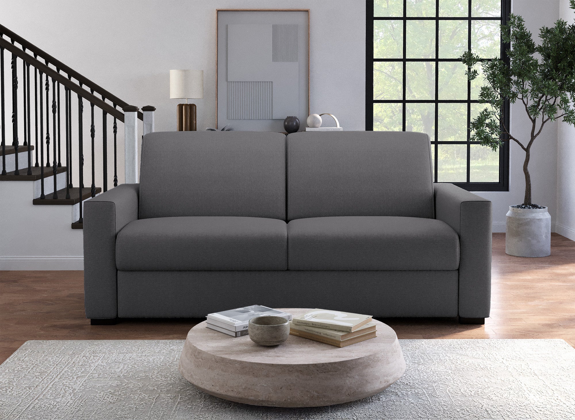 LOUNA LUXE 3-Sitzer-Schlafsofa aus dunkelgrauem Stoff mit Expressöffnung und 18 cm Matratze
