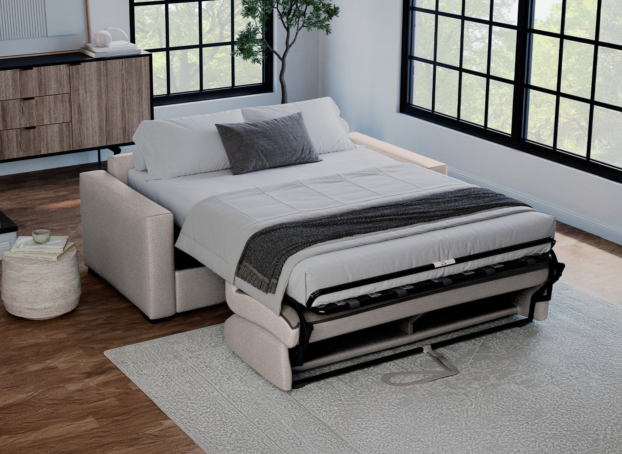 LOUNA LUXE 3-Sitzer-Schlafsofa aus beigem Stoff mit Expressöffnung und 18 cm Matratze